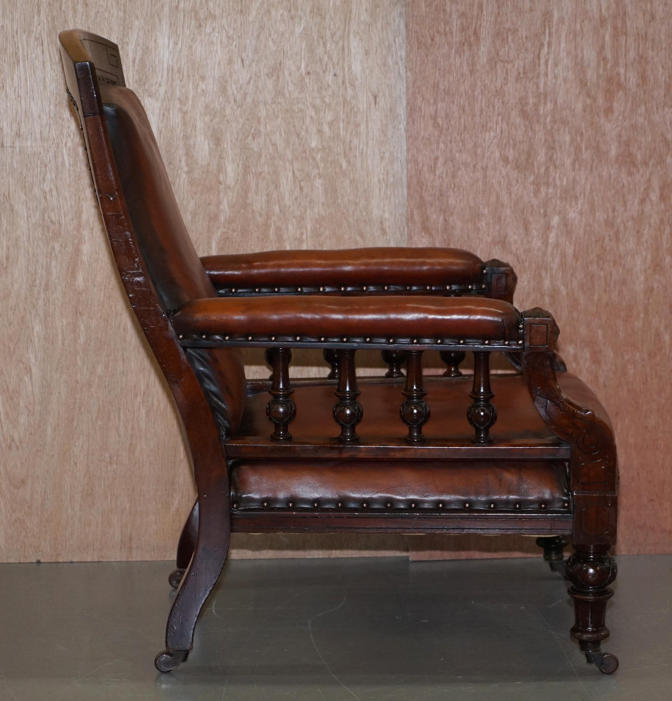 Restored Victorian Hardwood Hand Dyed Brown Leather Library Reading Armchair For Sale 10