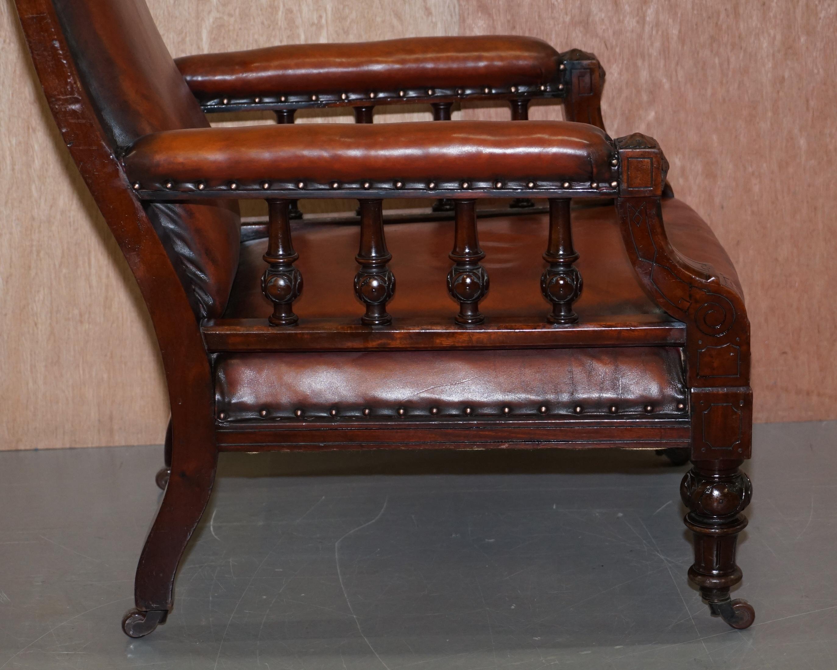 Restored Victorian Hardwood Hand Dyed Brown Leather Library Reading Armchair For Sale 11