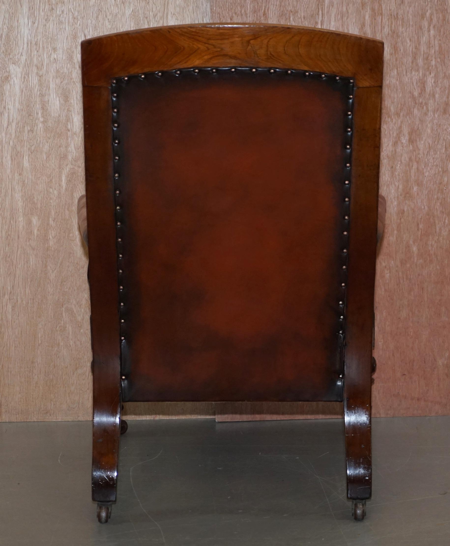 Restored Victorian Hardwood Hand Dyed Brown Leather Library Reading Armchair For Sale 13
