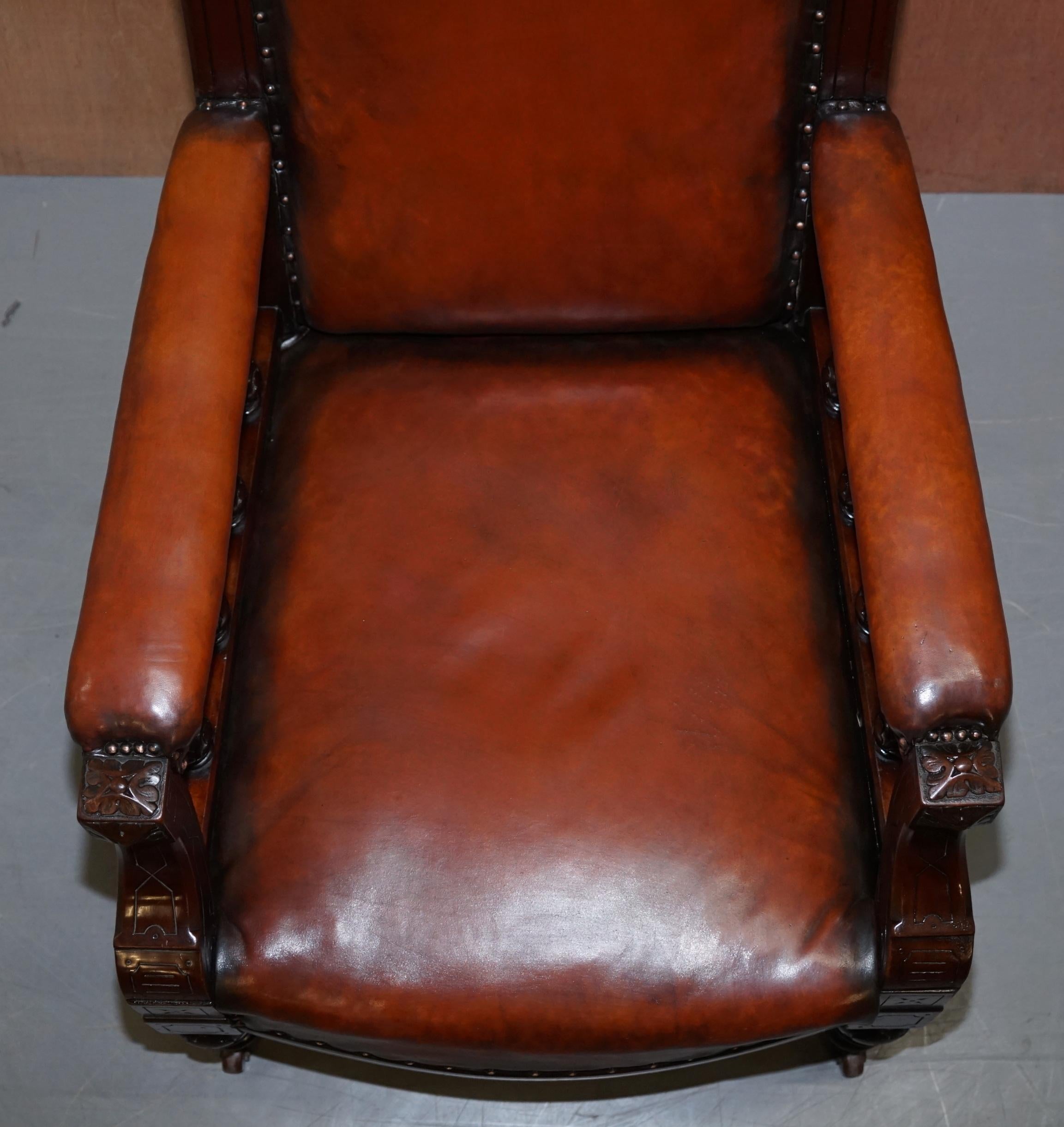 19th Century Restored Victorian Hardwood Hand Dyed Brown Leather Library Reading Armchair For Sale