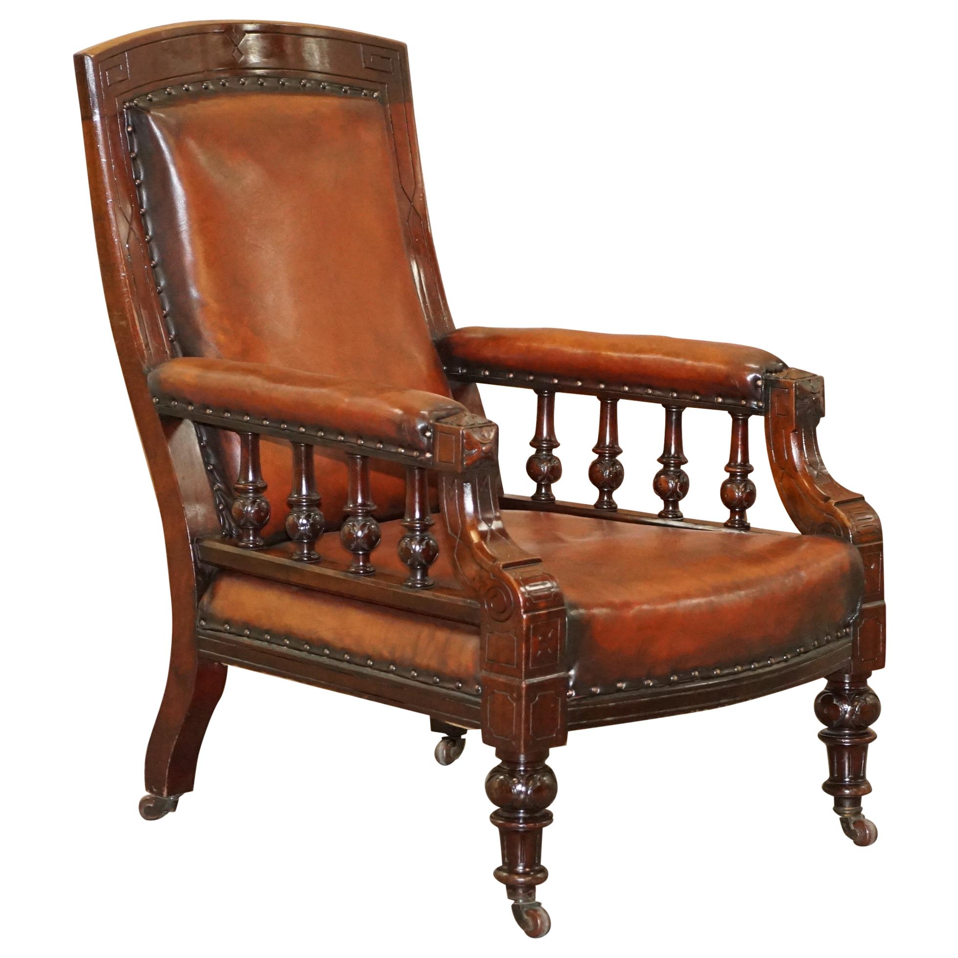 Restored Victorian Hardwood Hand Dyed Brown Leather Library Reading Armchair For Sale