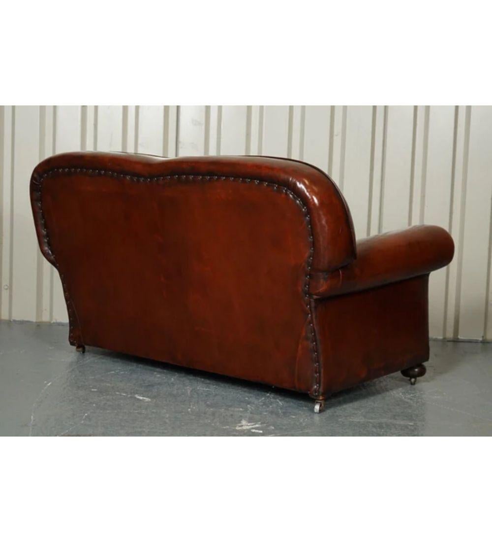 Restored Victorian Maroon Dyed Leather Suite of Two Armchairs and Sofa For Sale 1