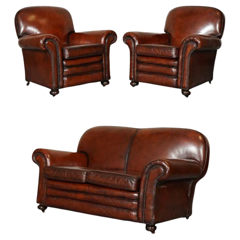 Restored Victorian Maroon Dyed Leather Suite of Two Armchairs and Sofa