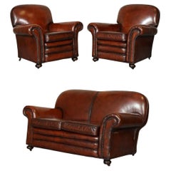 Antique Restored Victorian Maroon Dyed Leather Suite of Two Armchairs and Sofa