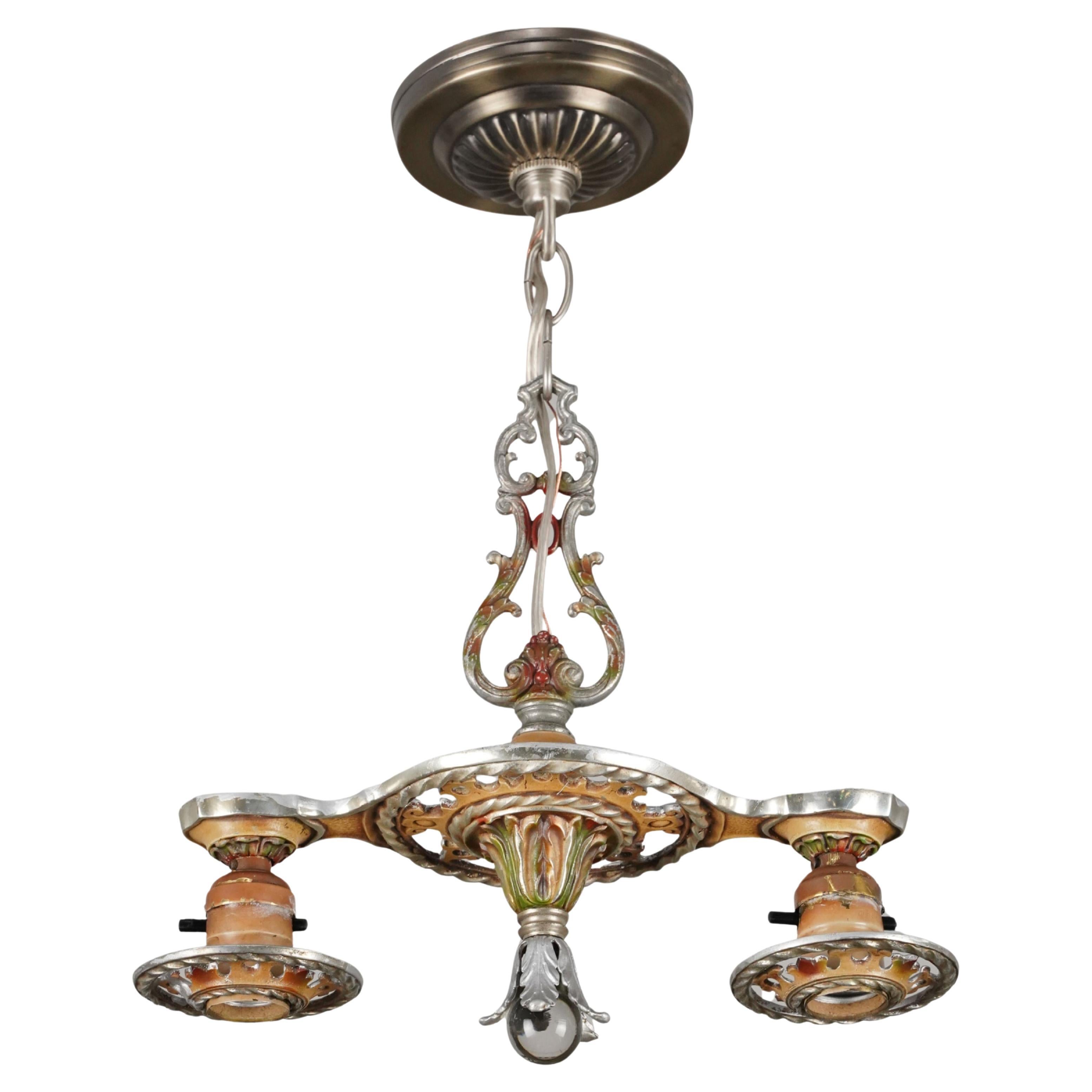 Lustre victorien restauré à deux ampoules apparentes en laiton