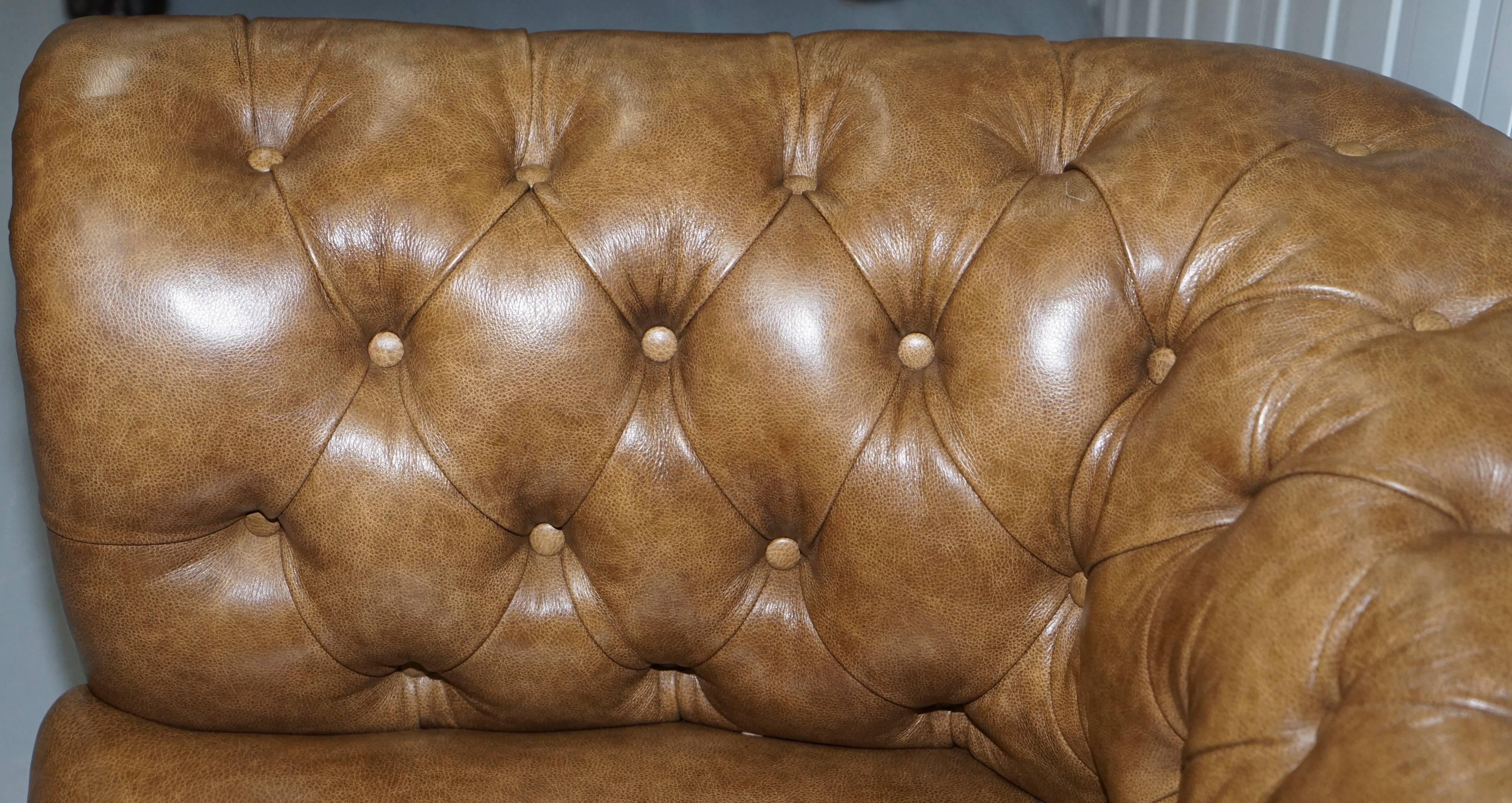 Restored Victorian Walnut Framed Chesterfield Club Sofa Heritage Brown Leather 4
