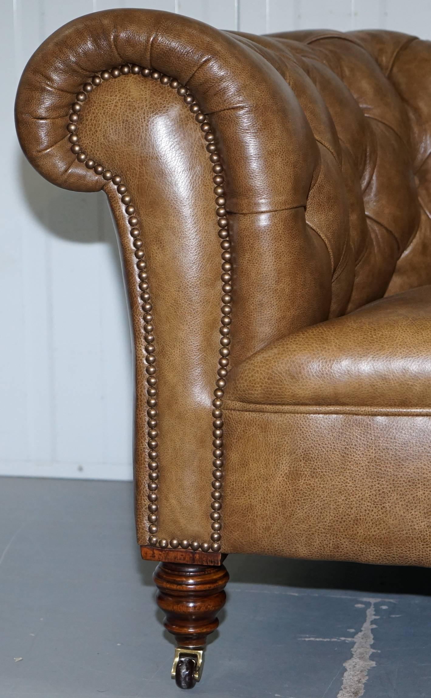 Restored Victorian Walnut Framed Chesterfield Club Sofa Heritage Brown Leather 4