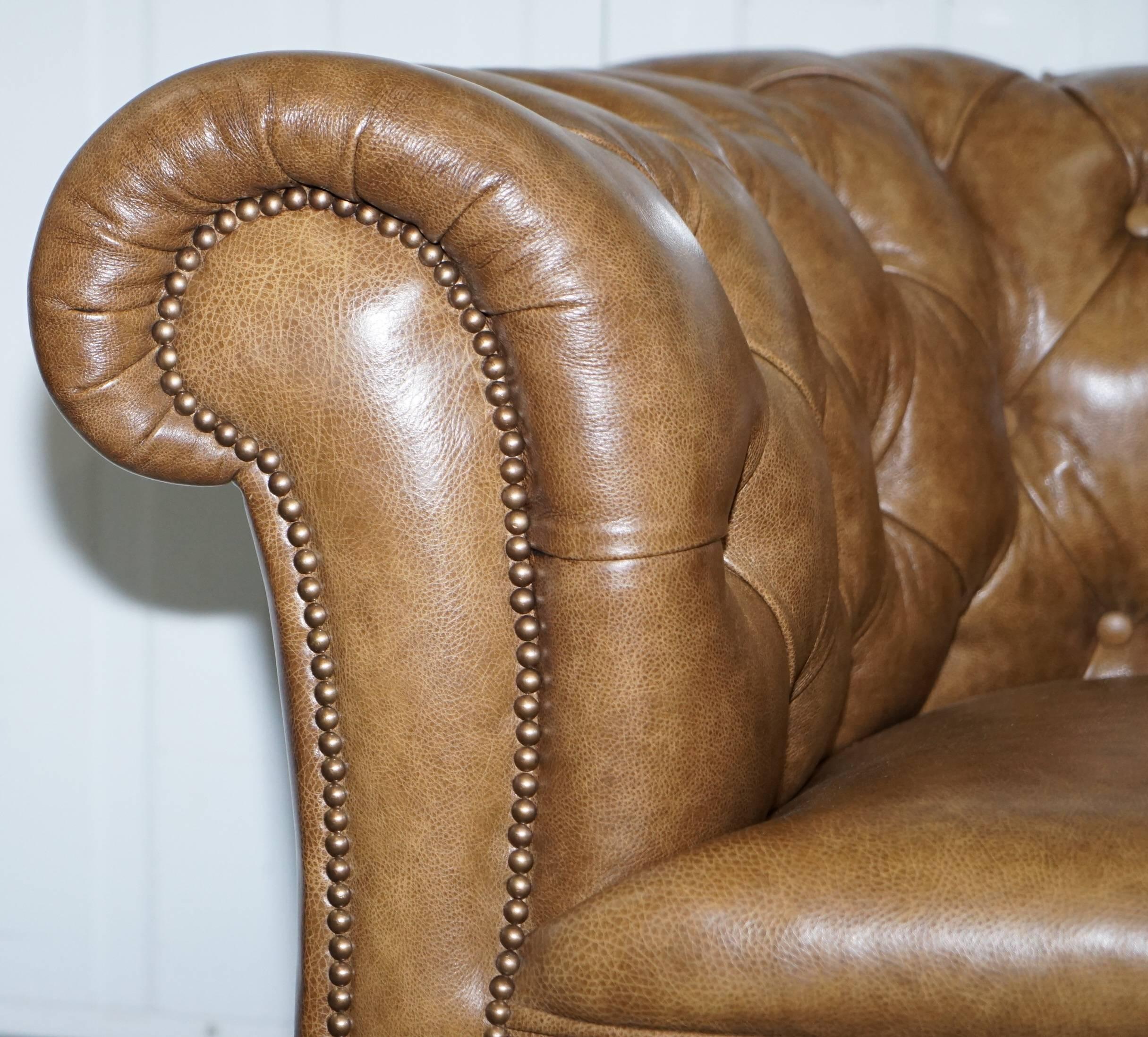 Restored Victorian Walnut Framed Chesterfield Club Sofa Heritage Brown Leather 6