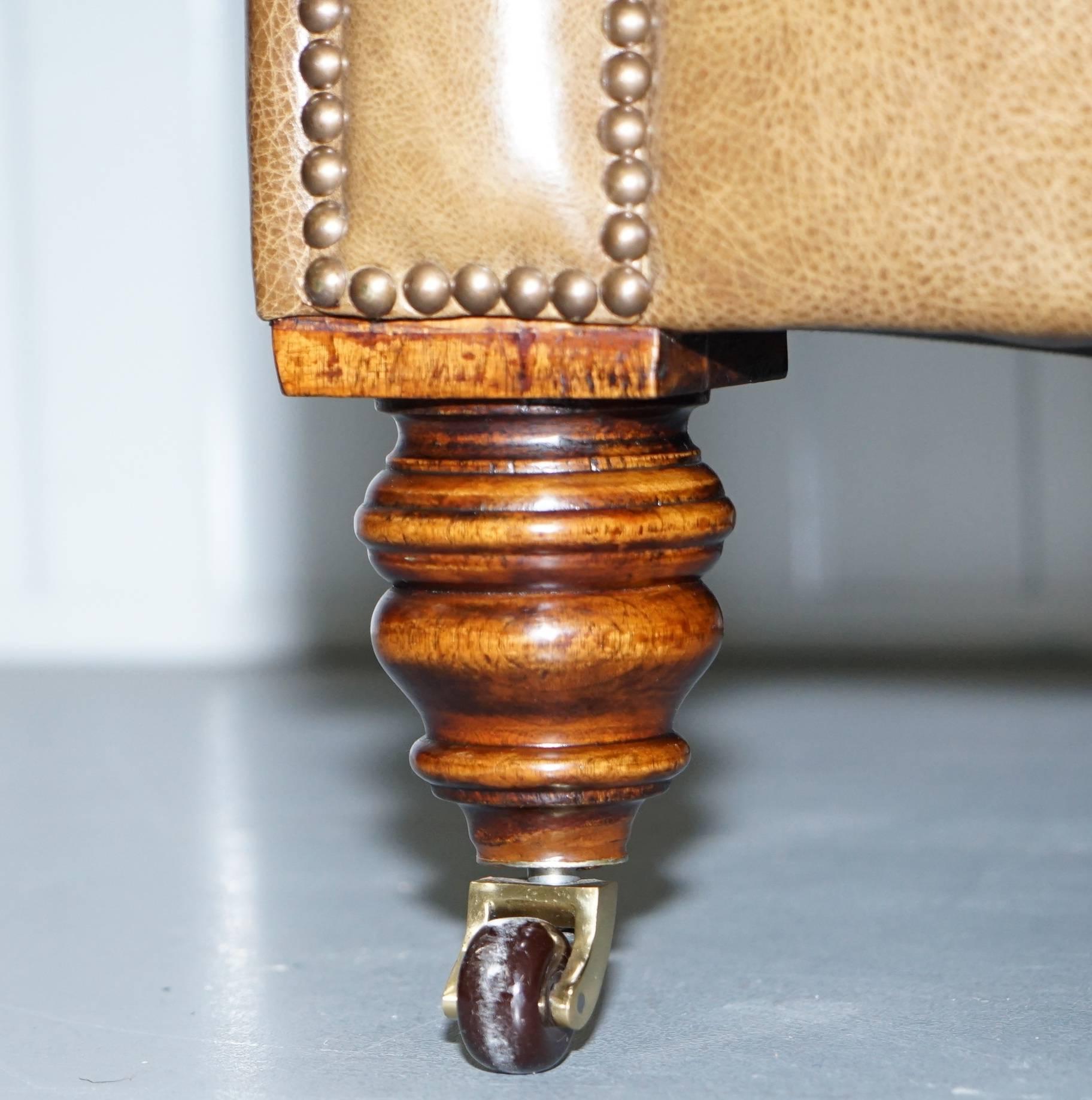 Restored Victorian Walnut Framed Chesterfield Club Sofa Heritage Brown Leather 7