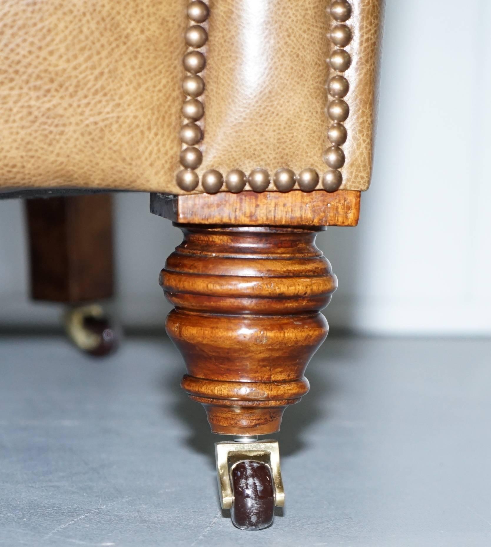 Restored Victorian Walnut Framed Chesterfield Club Sofa Heritage Brown Leather 7