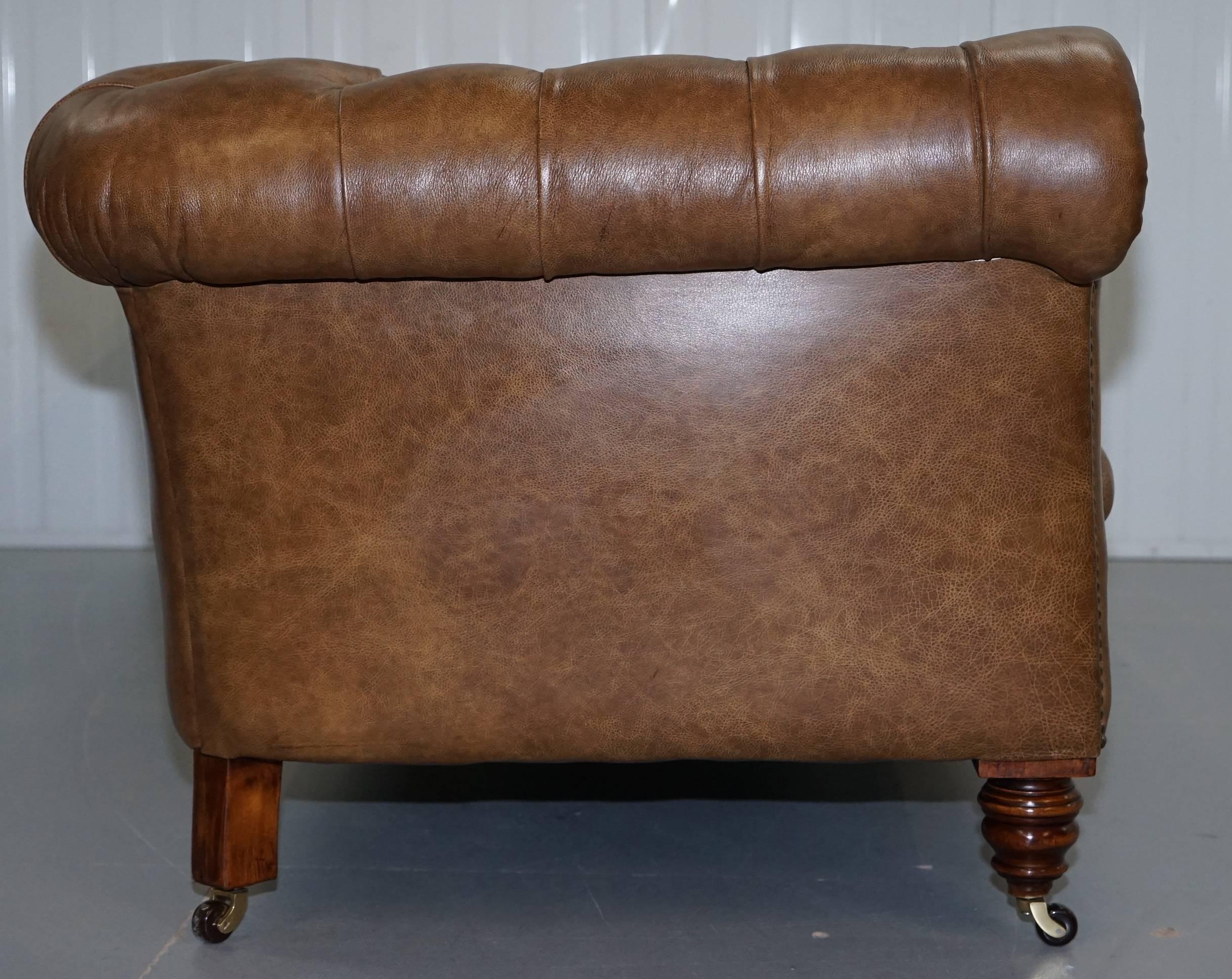 Restored Victorian Walnut Framed Chesterfield Club Sofa Heritage Brown Leather 9