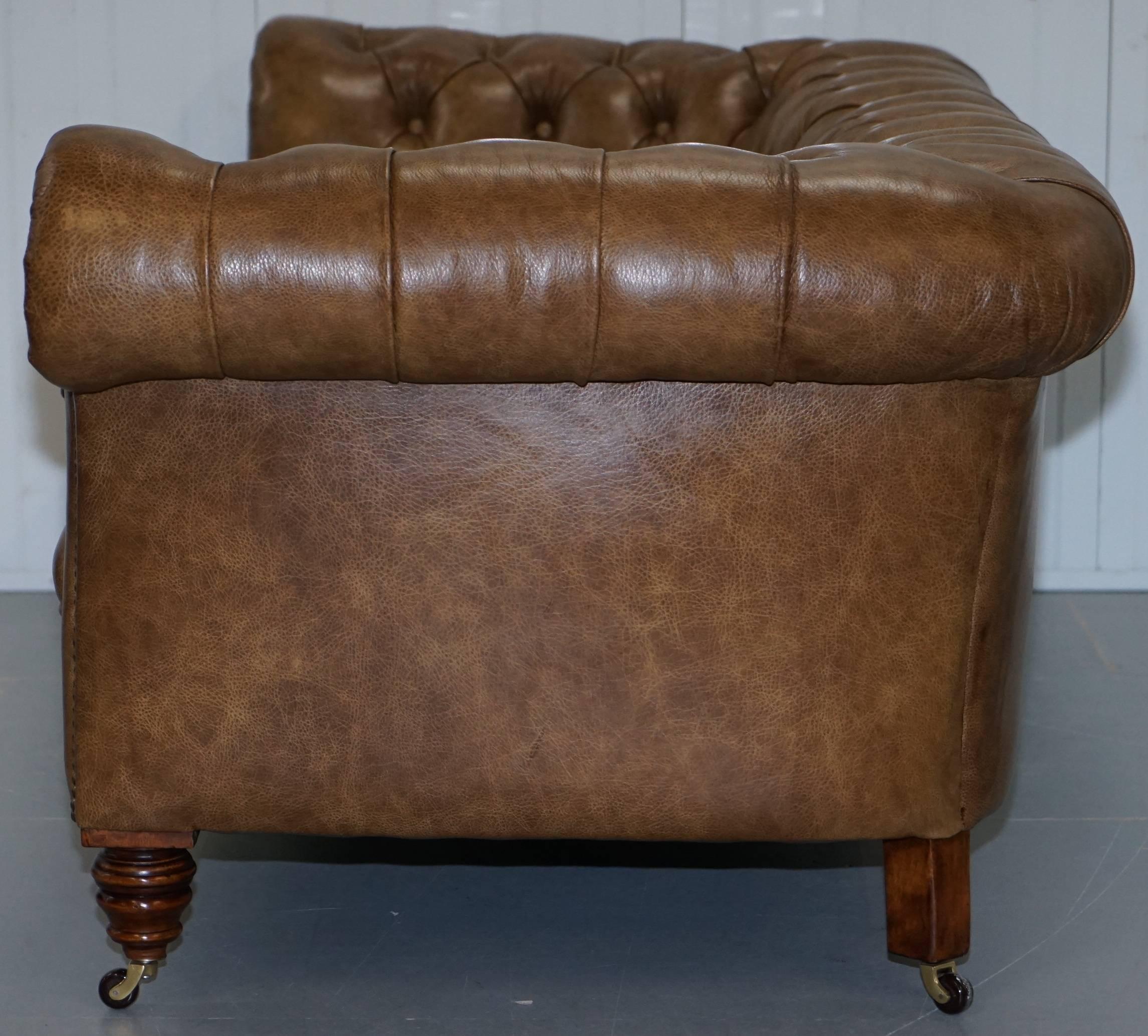 Restored Victorian Walnut Framed Chesterfield Club Sofa Heritage Brown Leather 10