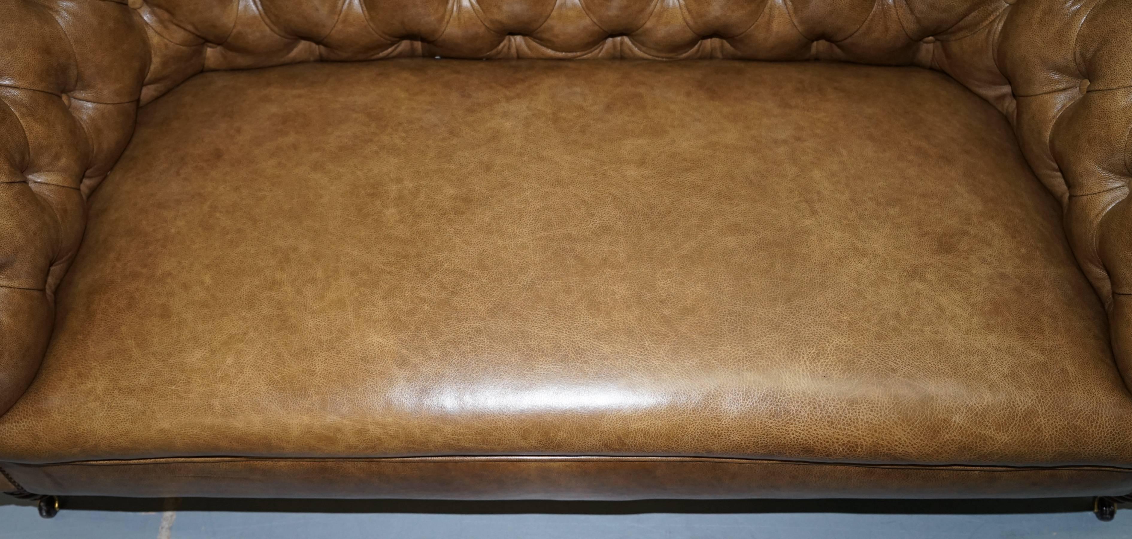 19th Century Restored Victorian Walnut Framed Chesterfield Club Sofa Heritage Brown Leather