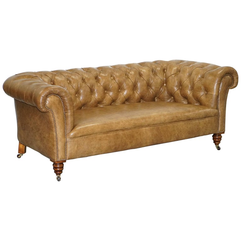 Restored Victorian Walnut Framed Chesterfield Club Sofa Heritage Brown Leather For Sale at 1stDibs
