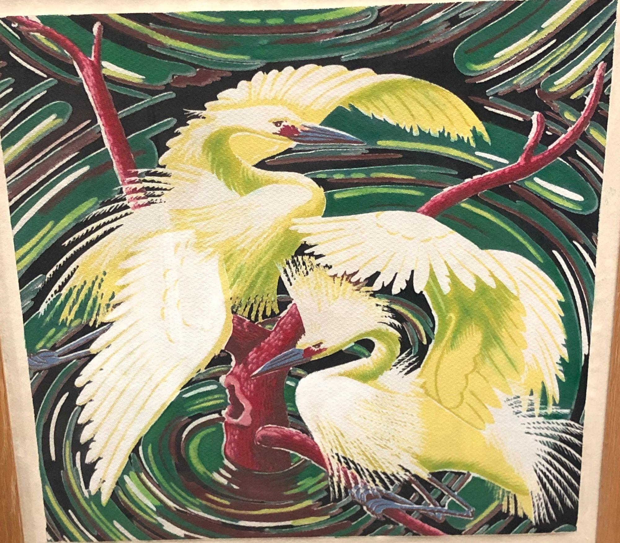 Dieses gerahmte Muster aus Kranichrindenstoff, das von der Firma Spectrum um 1949 hergestellt wurde, diente als Schaufenster der Designästhetik der Jahrhundertmitte. In den Rattan-Showrooms auf der ganzen Welt verkörpert es die Faszination der