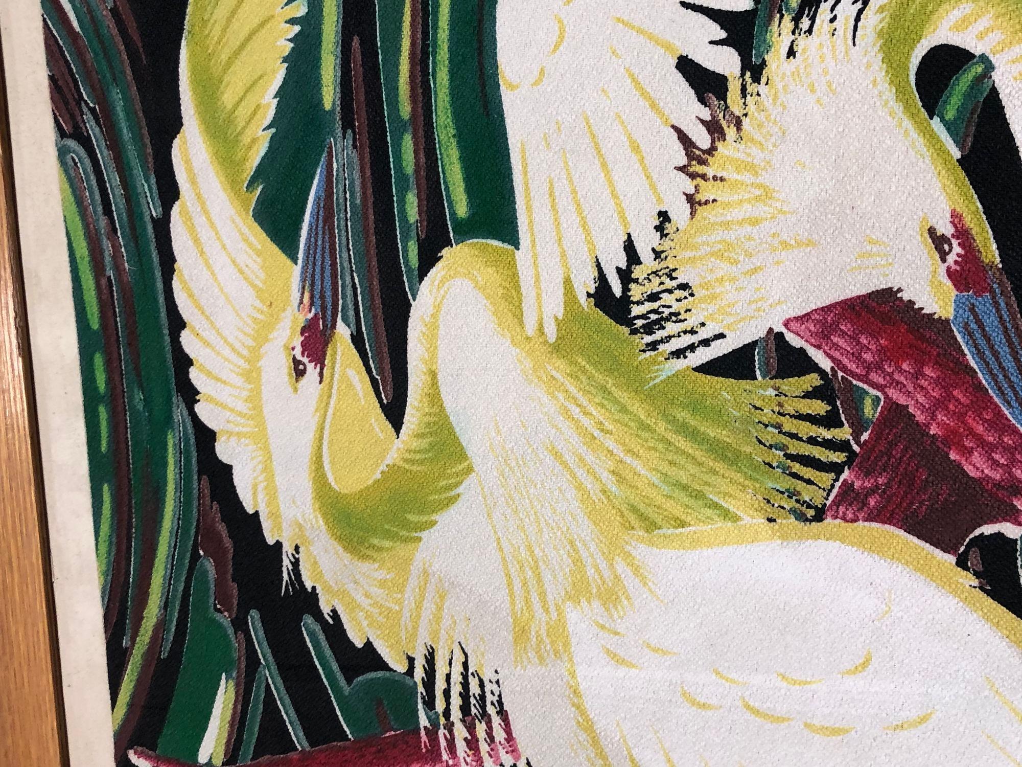Restaurierte Vintage 1949 Rattan gerahmt Crane Barkcloth Stoffmuster von Spectrum im Zustand „Hervorragend“ im Angebot in Van Nuys, CA