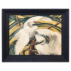 Restored Vintage 1949 Rattan Framed Crane Barkcloth Fabric Sample by Spectrum