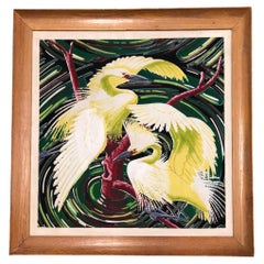 Muestra de tela de tela de corteza de grulla con marco de ratán vintage restaurada de 1949 by Spectrum