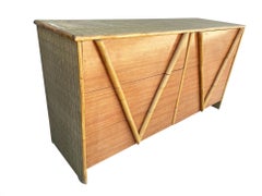 Restored Vintage 1950s Teak and Rice Mat "V" Lowboy Dresser With Rattan