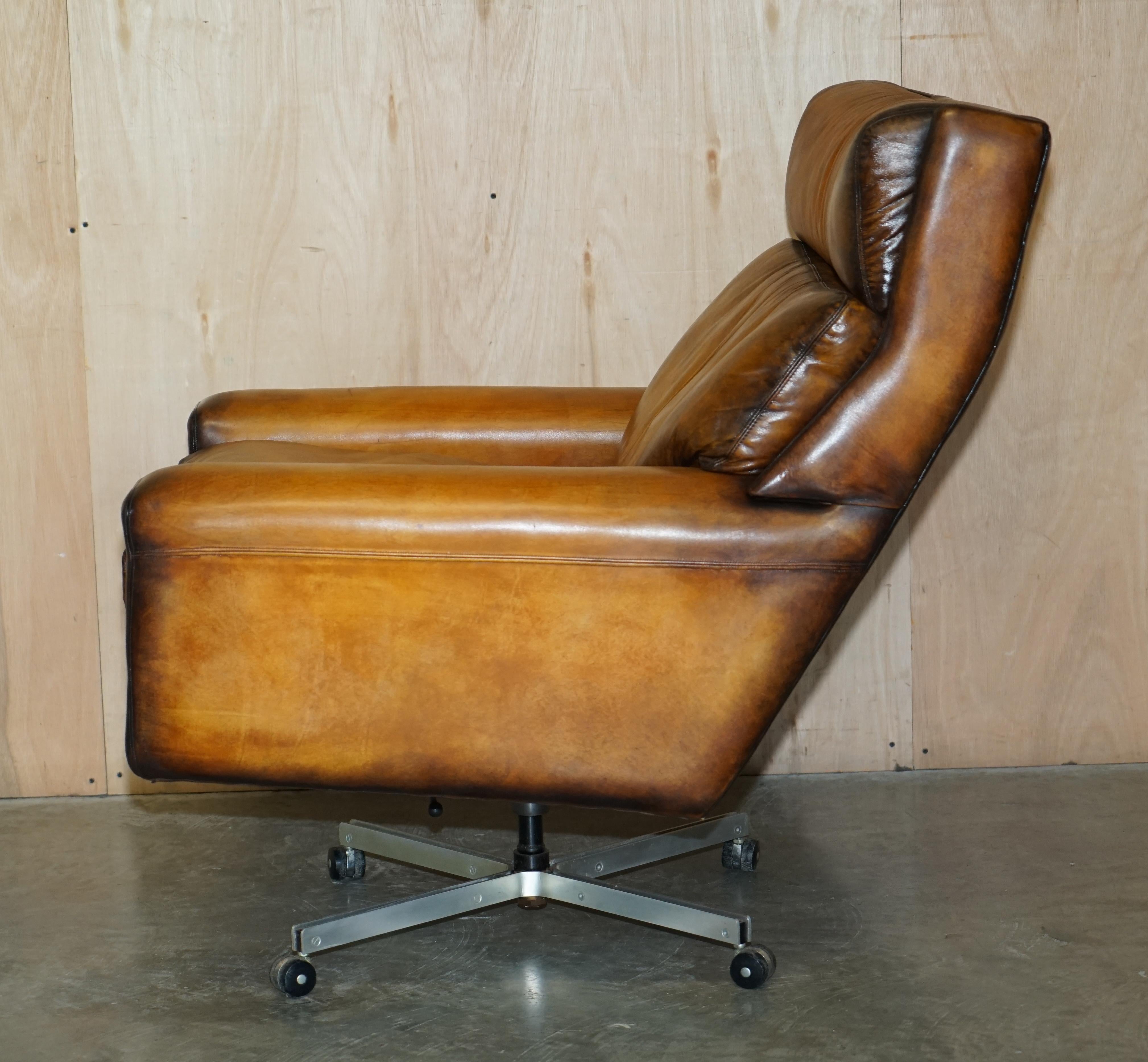 Restored Vintage 1970s Hand Dyed Whisky Brown Leather Swivel Armchair Part Set For Sale 5