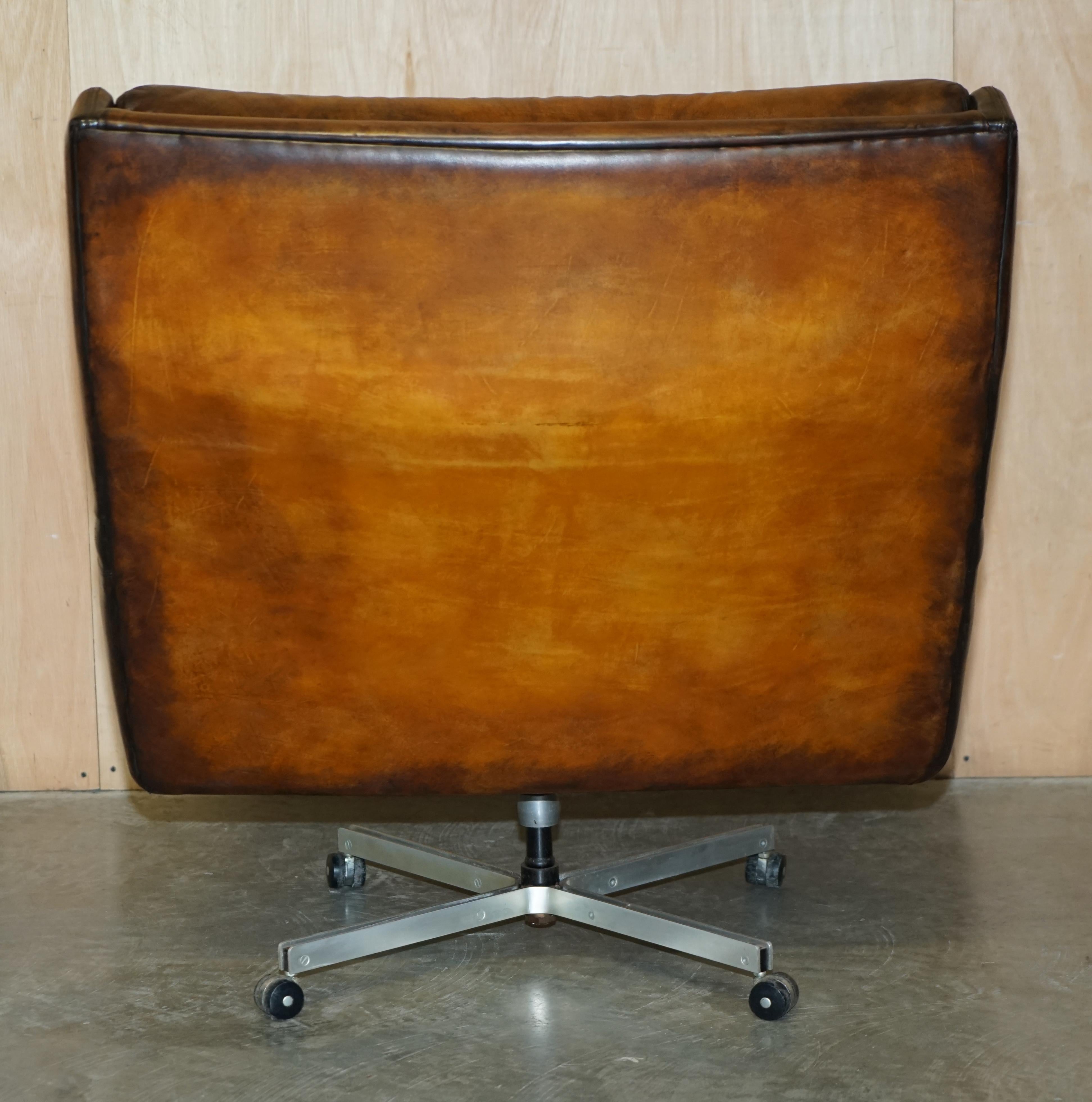 Restored Vintage 1970s Hand Dyed Whisky Brown Leather Swivel Armchair Part Set For Sale 6