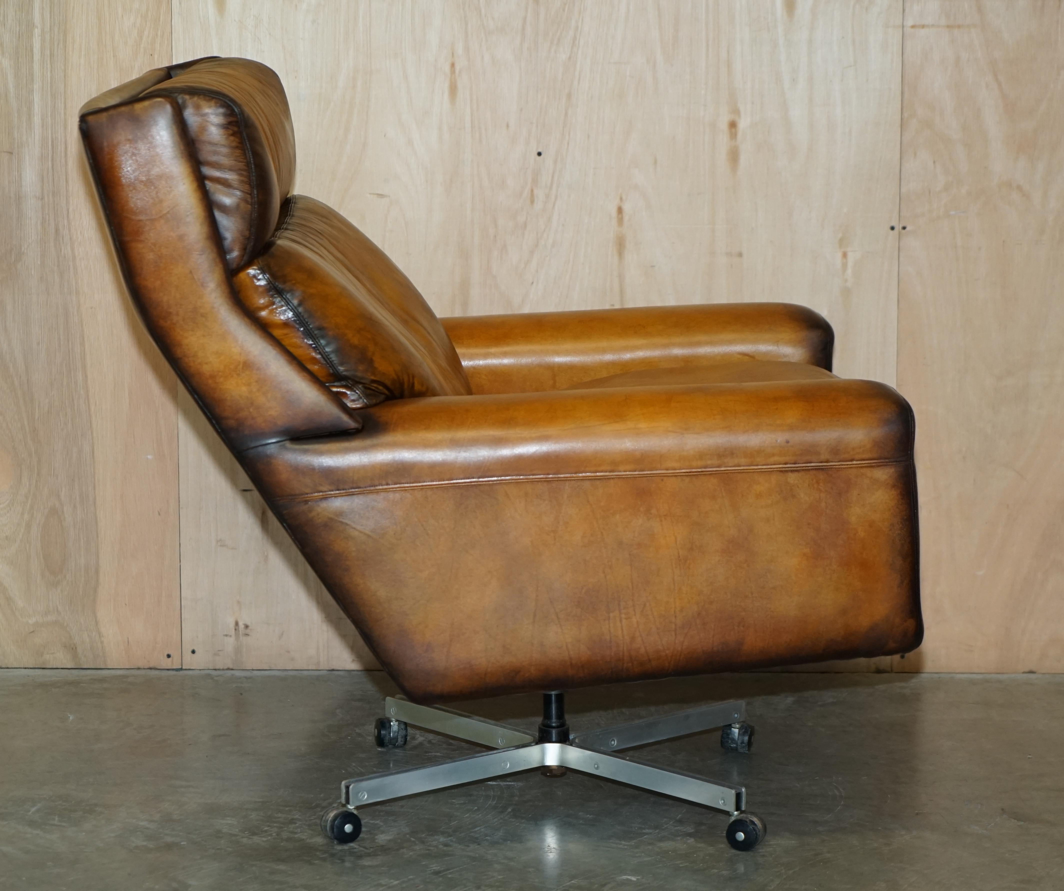 Restored Vintage 1970s Hand Dyed Whisky Brown Leather Swivel Armchair Part Set For Sale 7