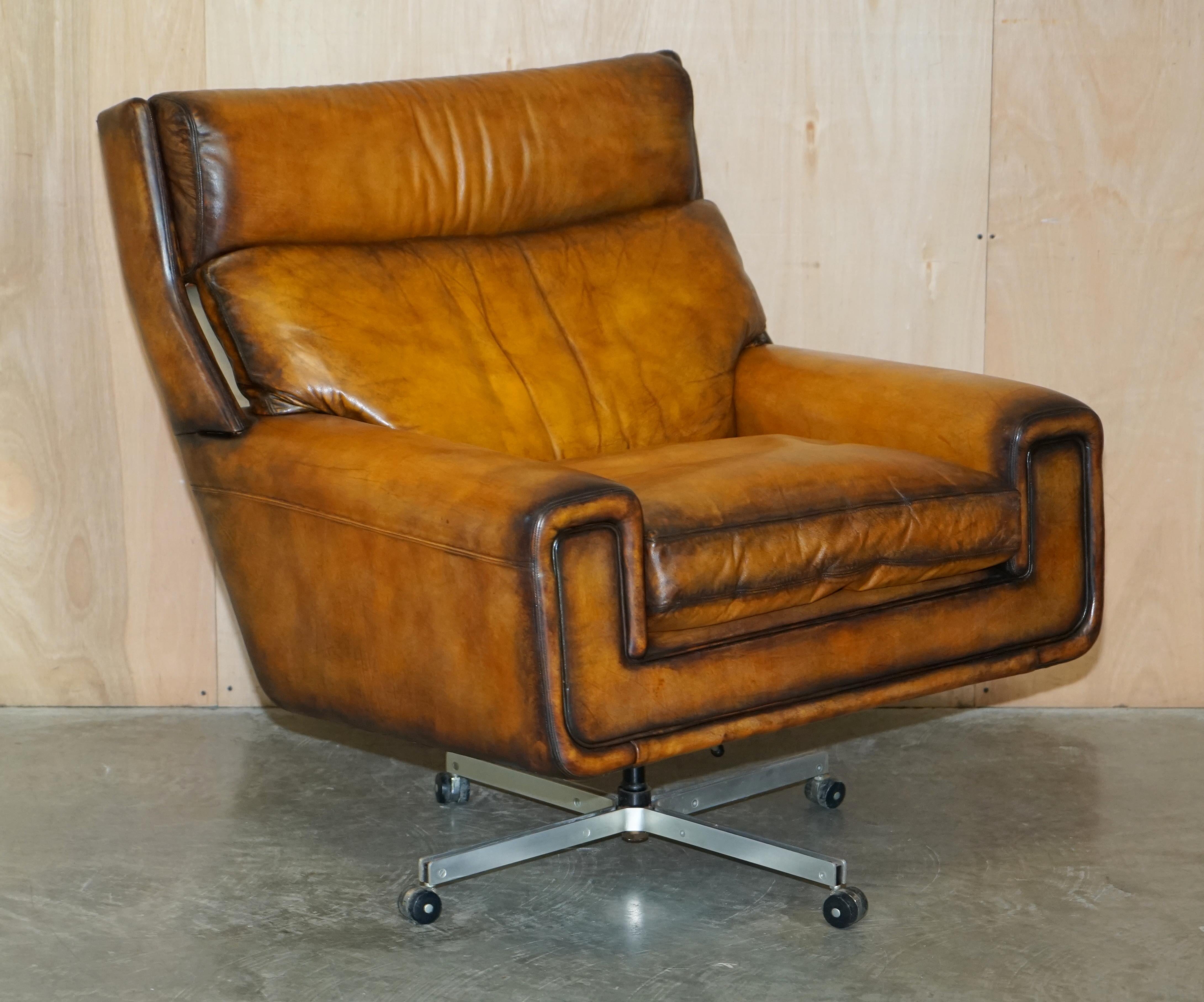 Mid-Century Modern Restored Vintage 1970s Hand Dyed Whisky Brown Leather Swivel Armchair Part Set For Sale