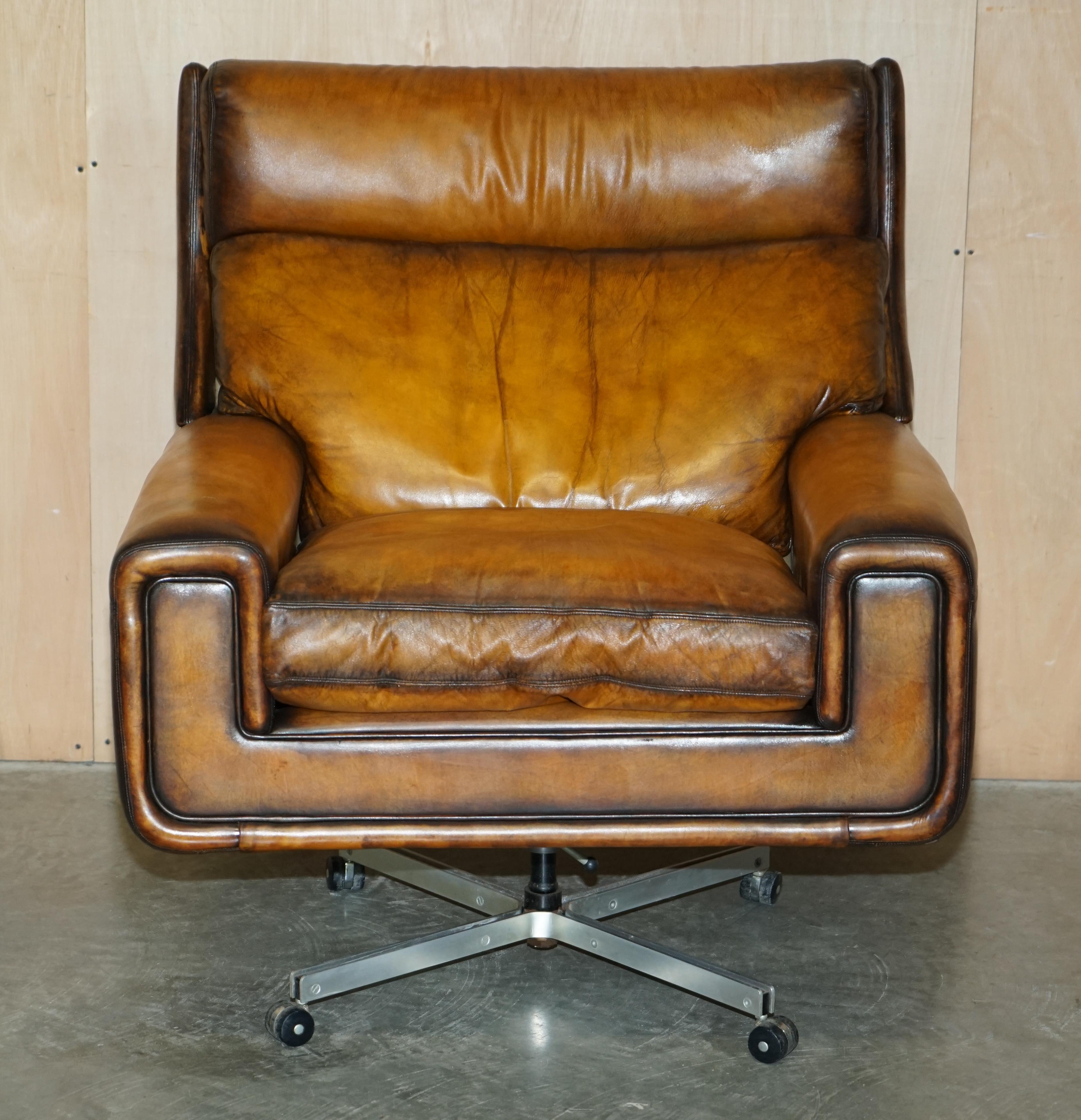 English Restored Vintage 1970s Hand Dyed Whisky Brown Leather Swivel Armchair Part Set For Sale