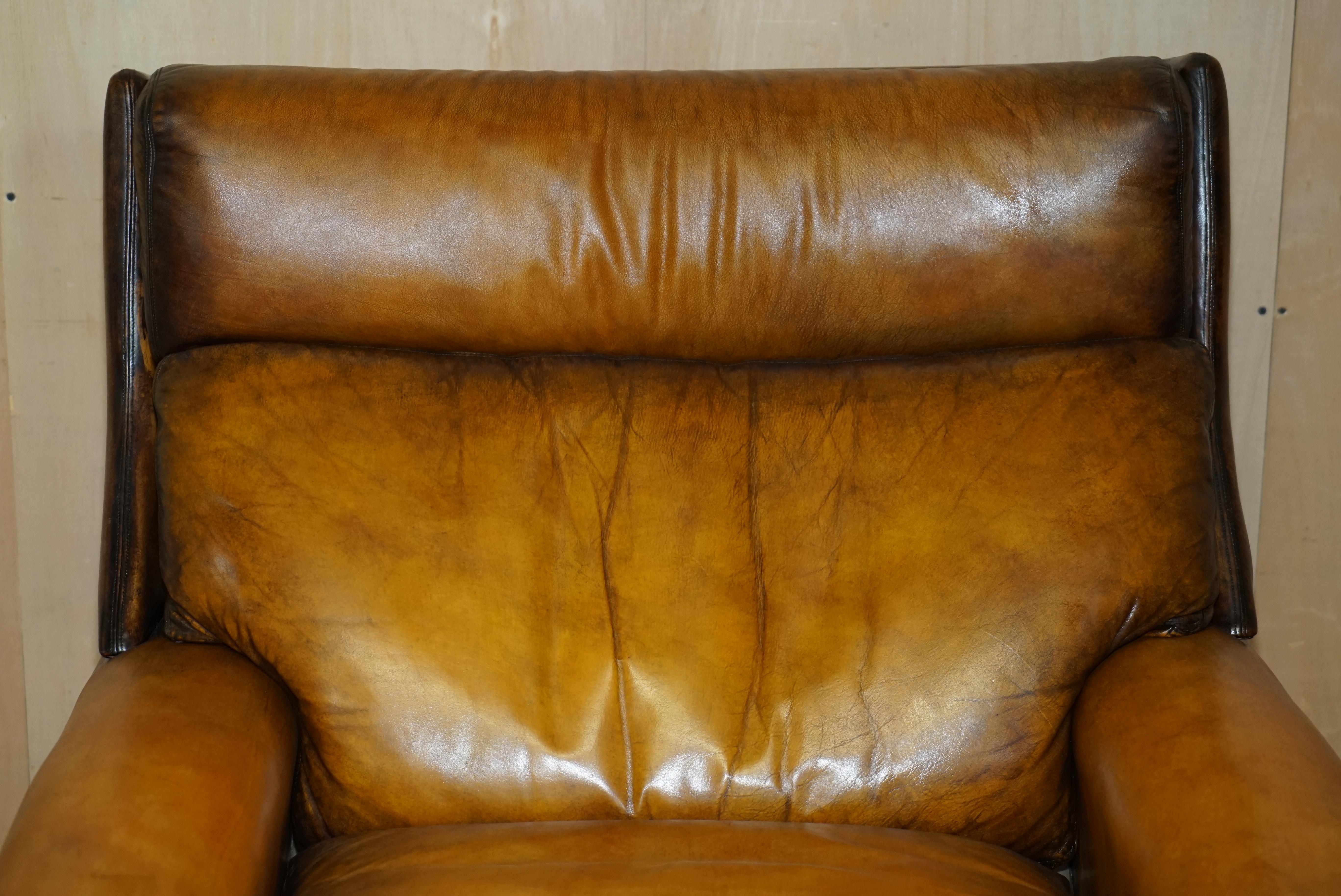 Hand-Crafted Restored Vintage 1970s Hand Dyed Whisky Brown Leather Swivel Armchair Part Set For Sale
