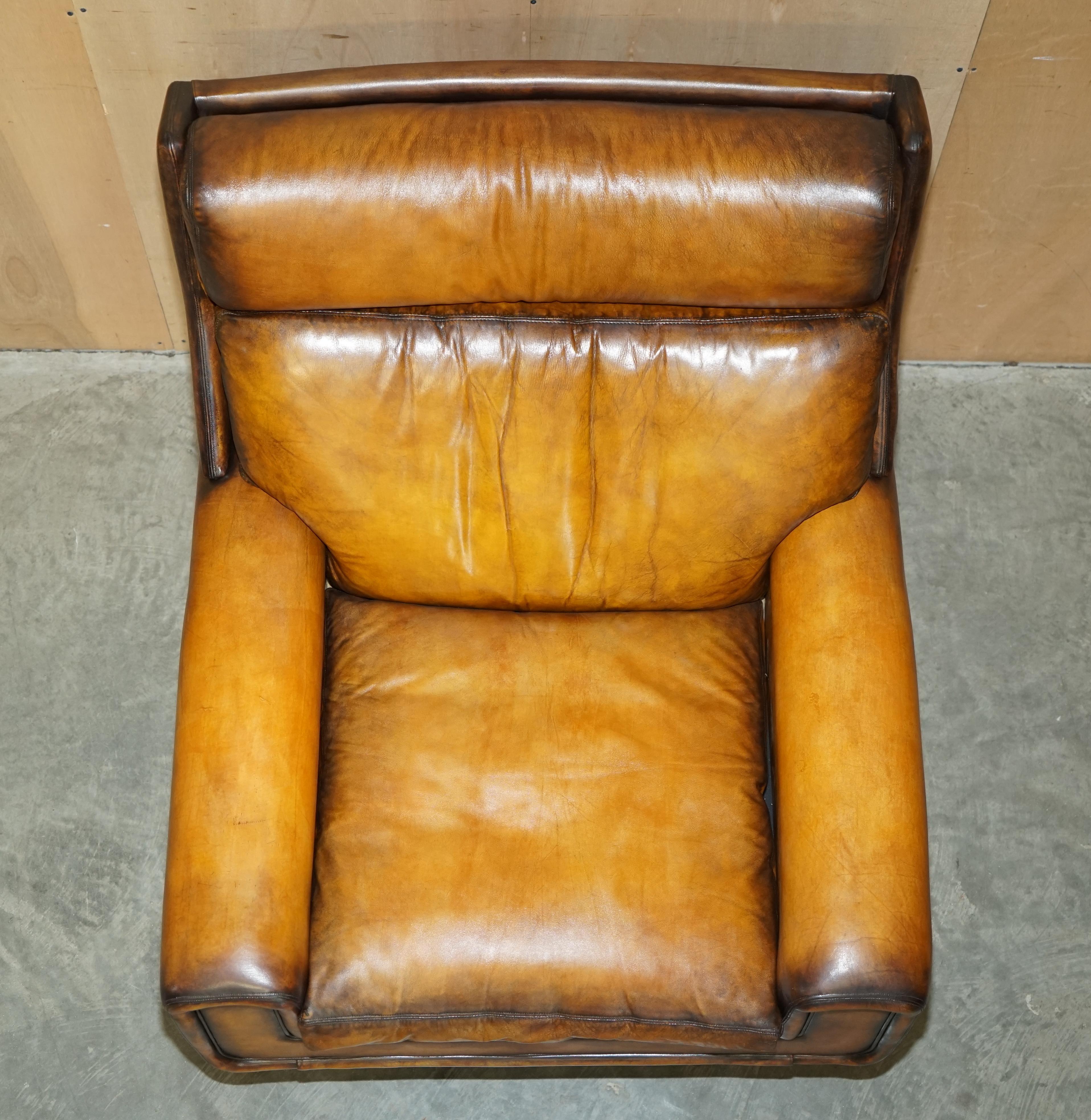 Restored Vintage 1970s Hand Dyed Whisky Brown Leather Swivel Armchair Part Set For Sale 3