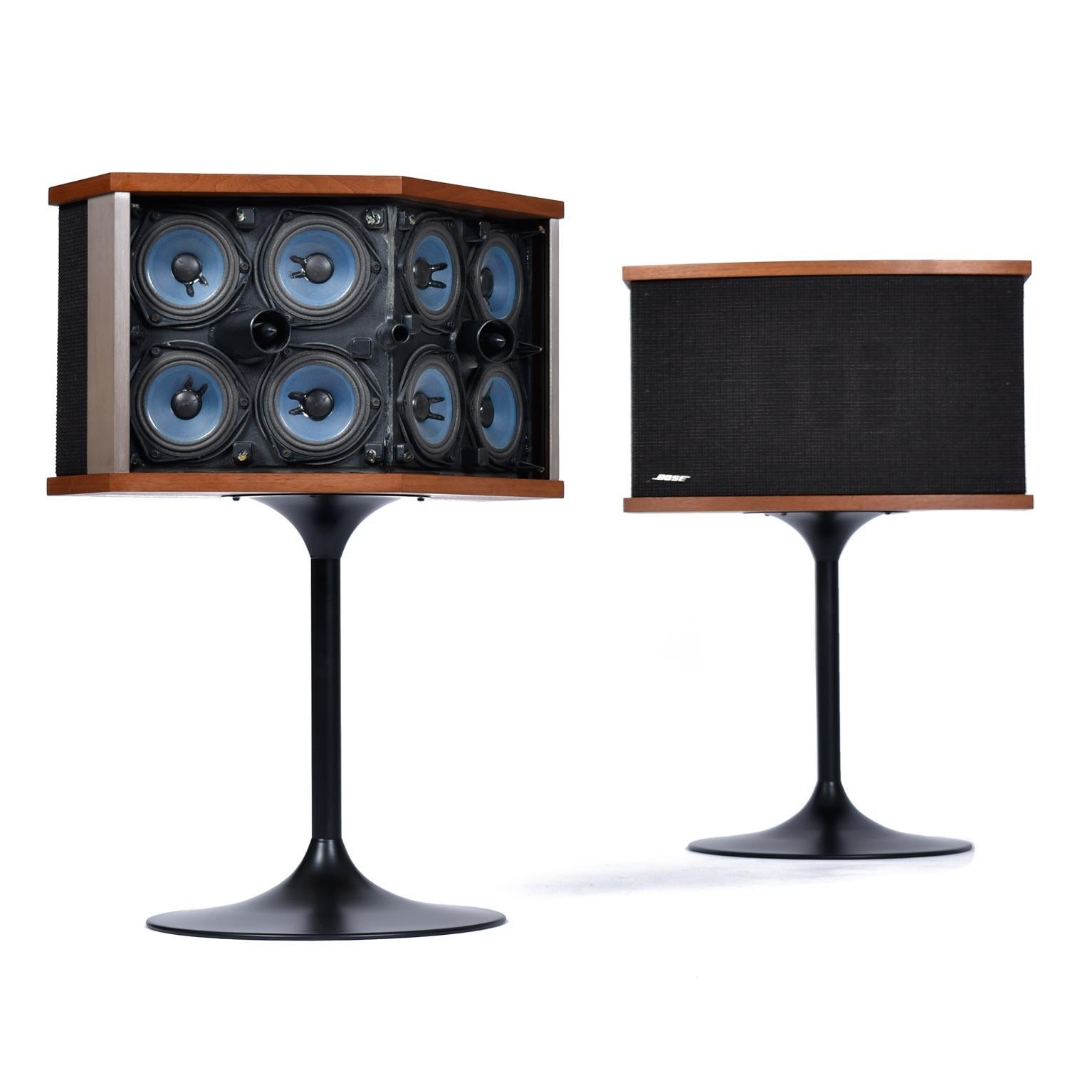 Pair of restored vintage Bose 901 Series V (8 Ohm, wired) speakers on Eero Saarinen style tulip bases. The manual copyright is dated 