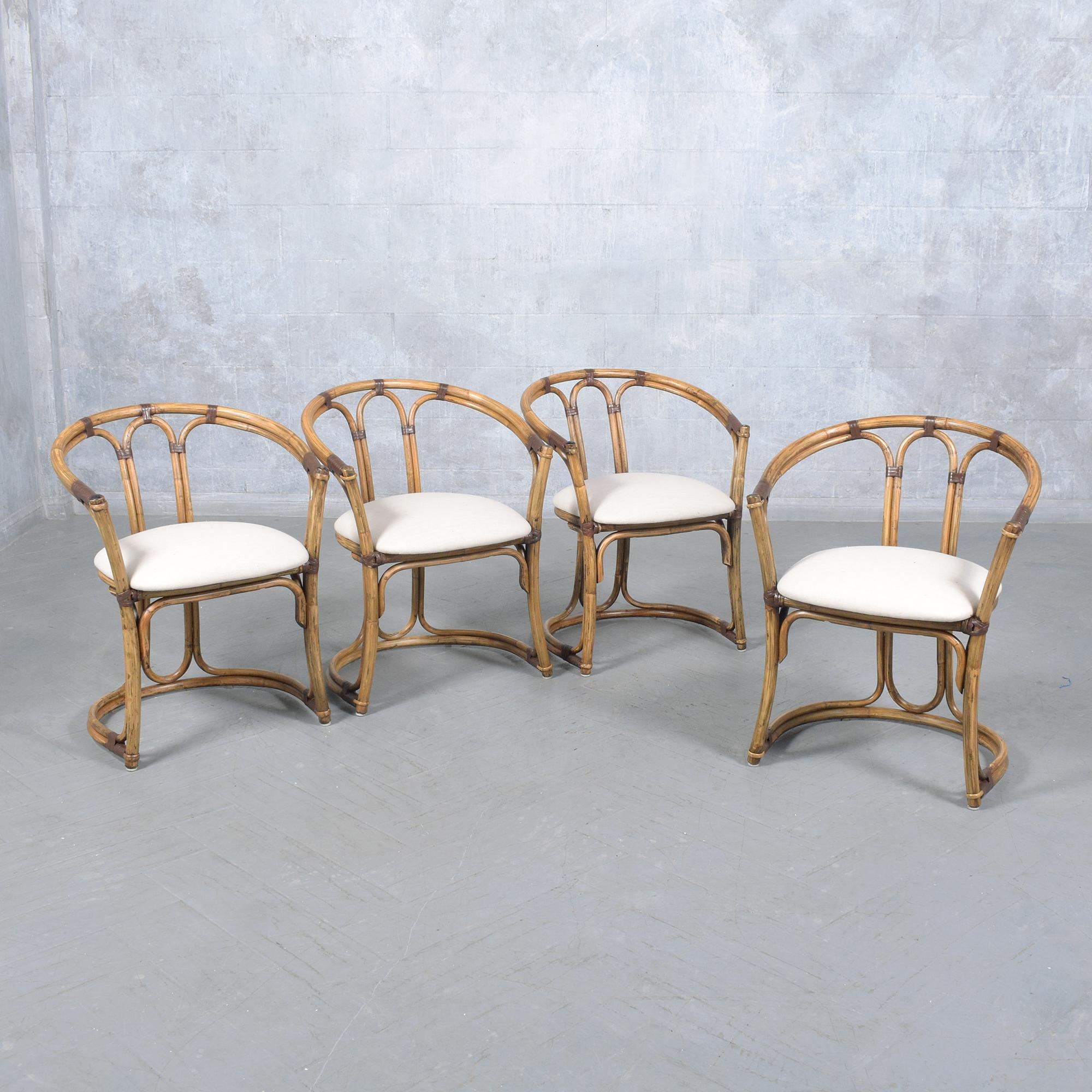 Organic Modern Restored Vintage Bamboo Barrel Armchairs - Set of Four For Sale