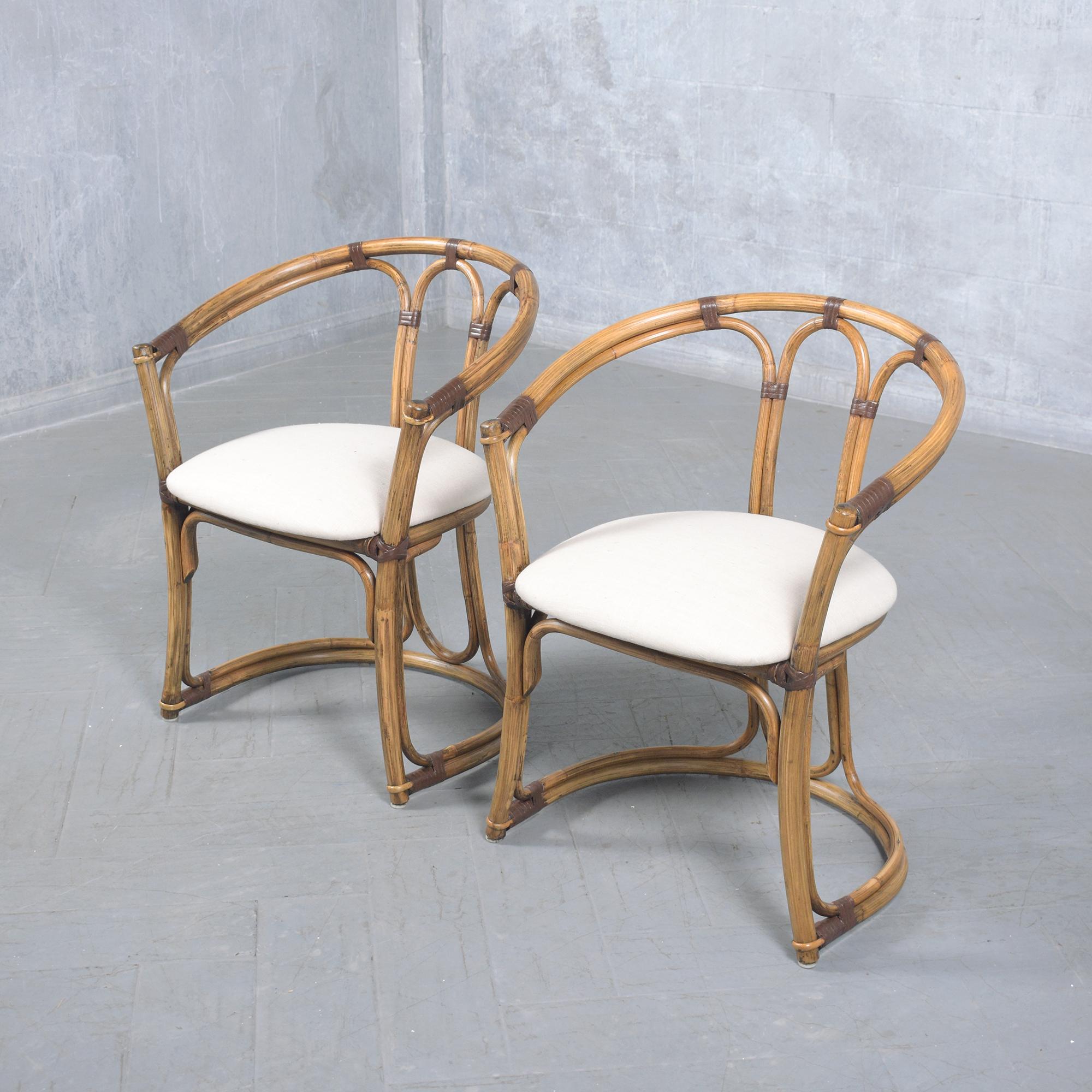 Carved Set of Four Restored Vintage Bamboo Barrel Chairs with Ivory Upholstery For Sale