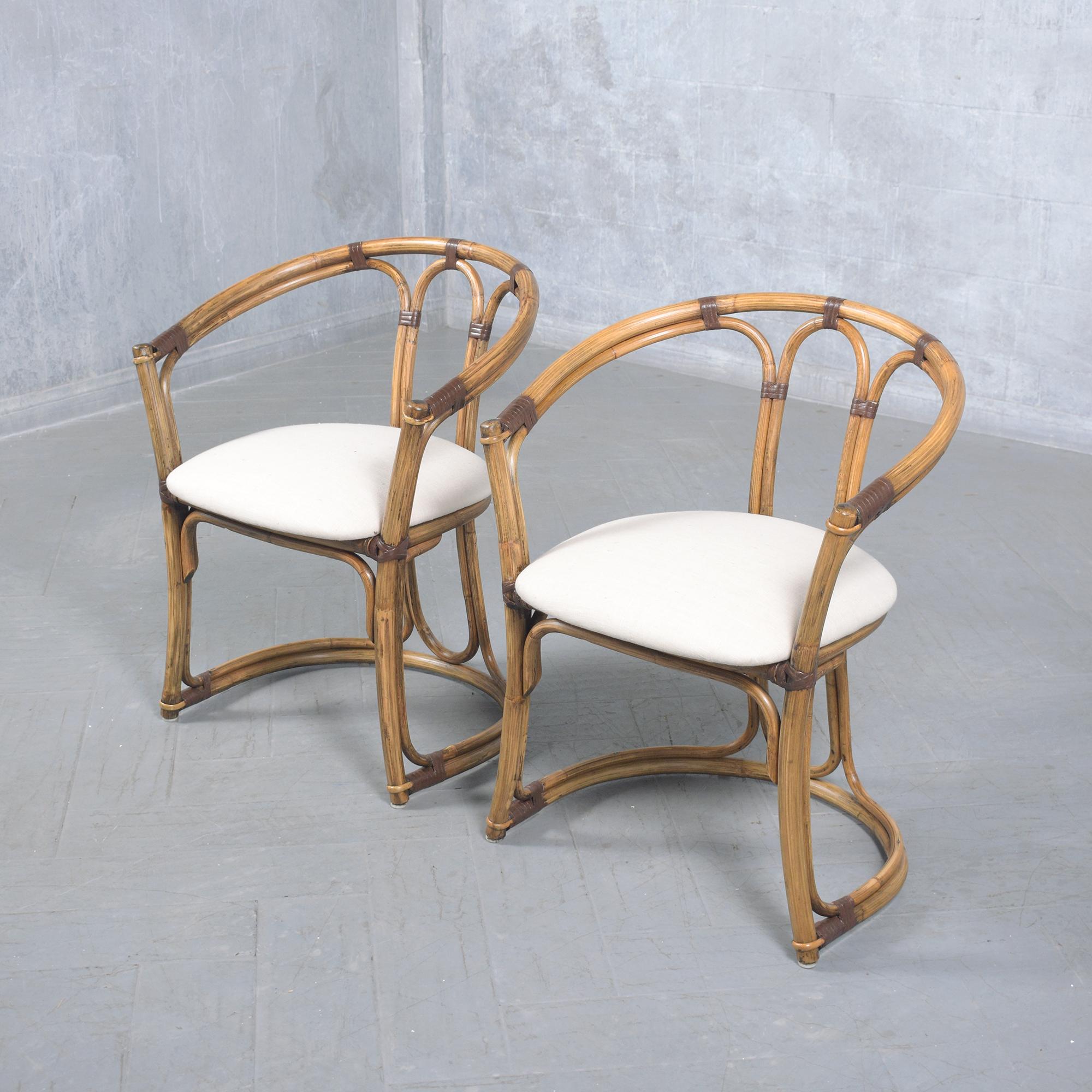 Carved Restored Vintage Bamboo Barrel Chairs Set of Four