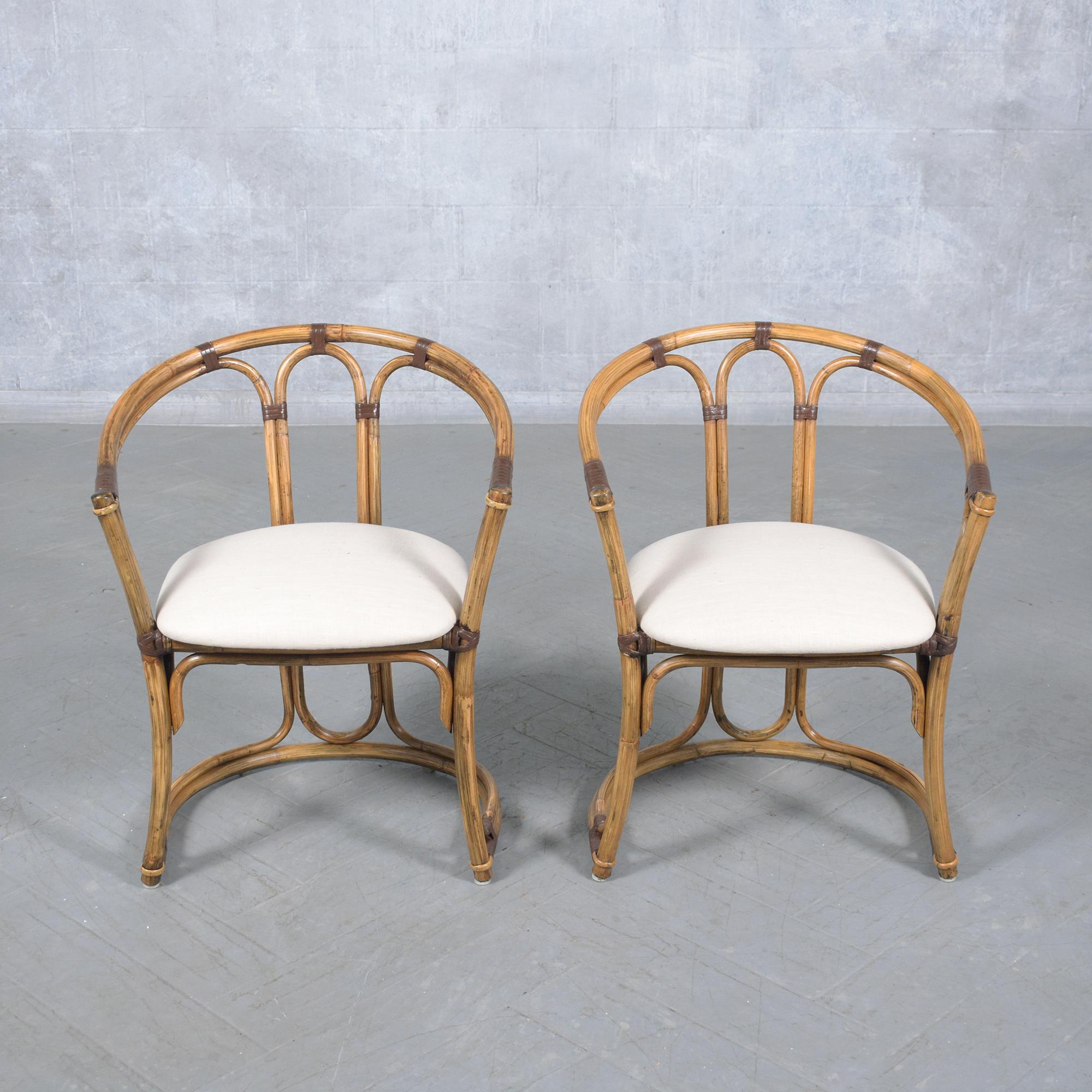 Set of Four Restored Vintage Bamboo Barrel Chairs with Ivory Upholstery In Good Condition For Sale In Los Angeles, CA