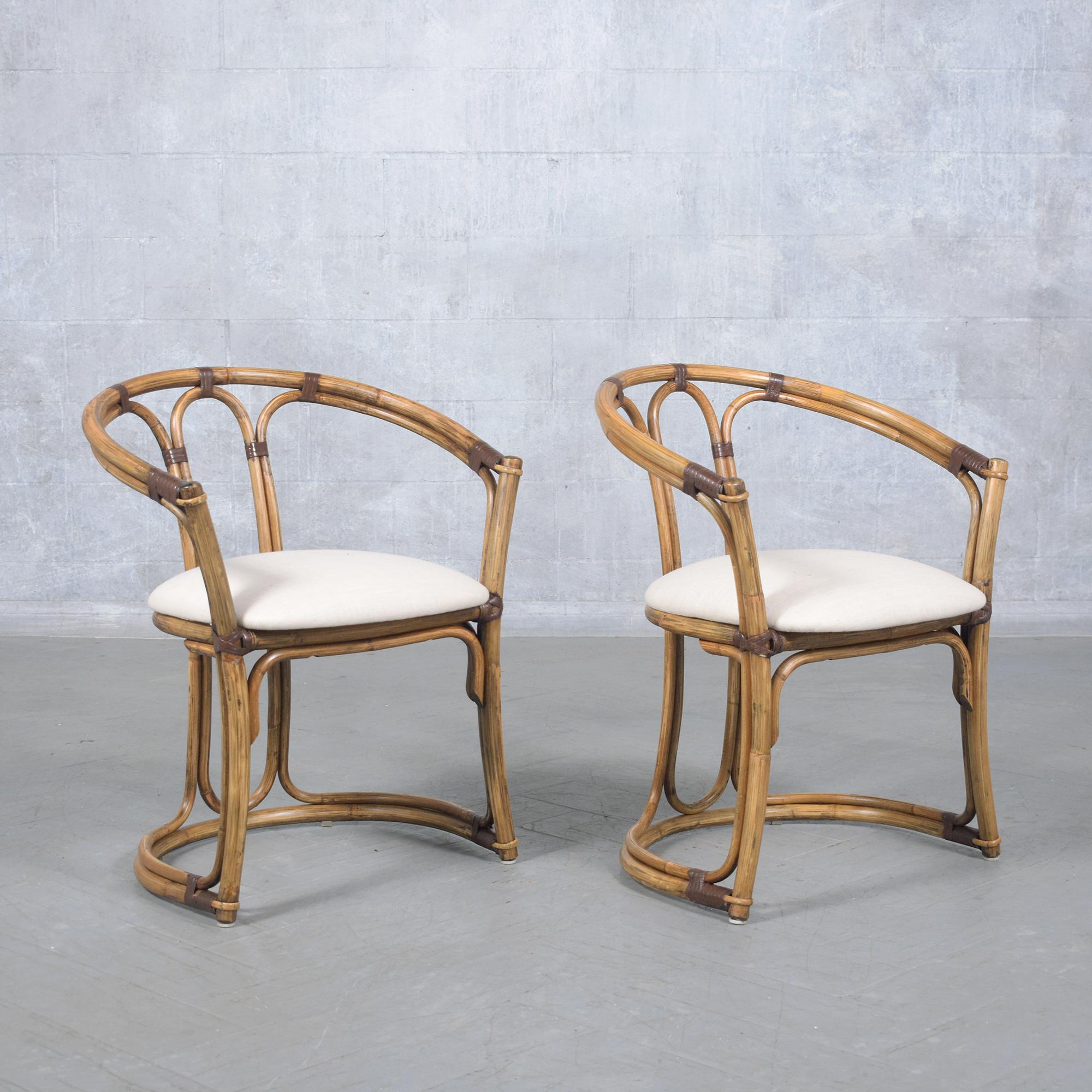 Restaurierte Vintage-Bambus-Fass-Sessel - Vierer-Set (Leinen) im Angebot