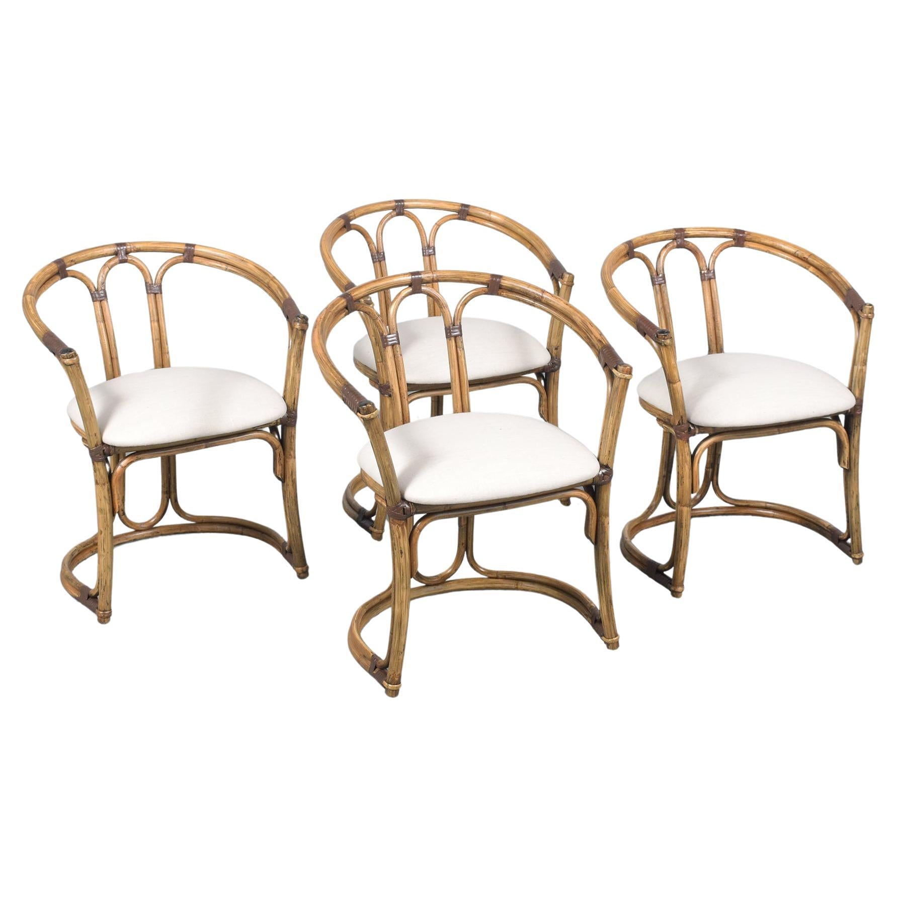 Set of Four Restored Vintage Bamboo Barrel Chairs with Ivory Upholstery For Sale