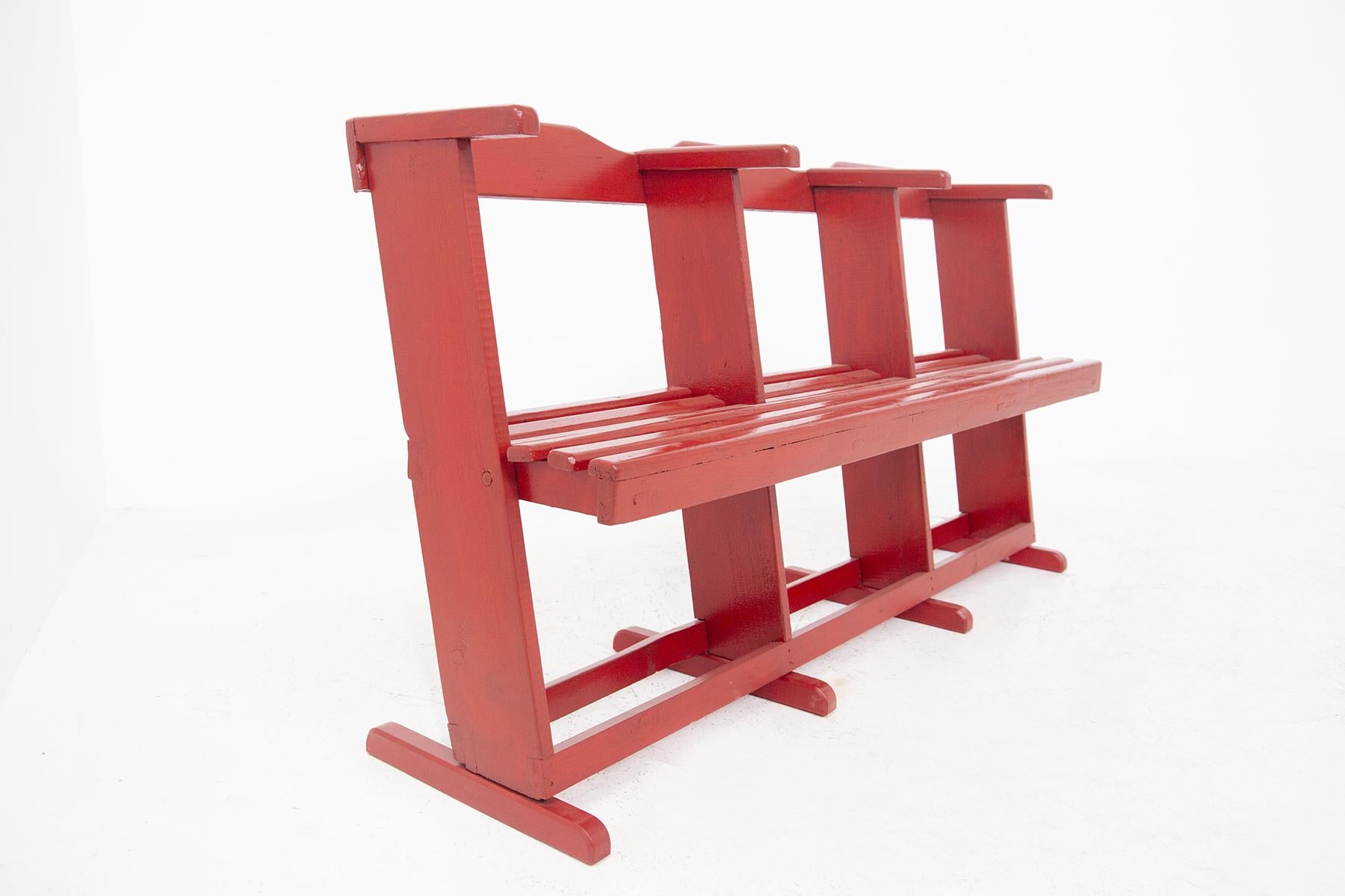 Restored Vintage Bench in Red Lacquered Wood For Sale 1