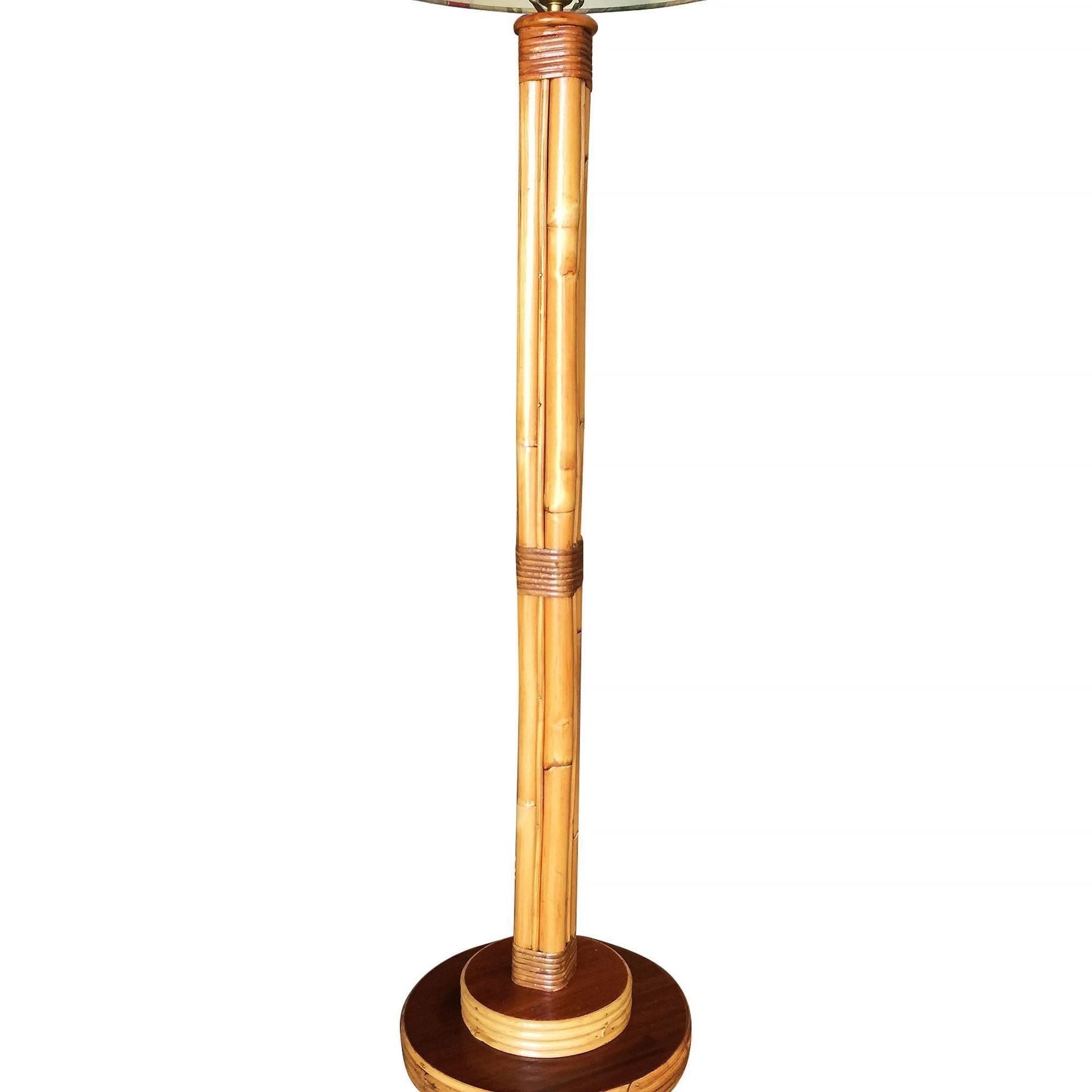 Restored Vintage Bent Rattan Pole Floor Lamp W/ Original Shade In Excellent Condition In Van Nuys, CA