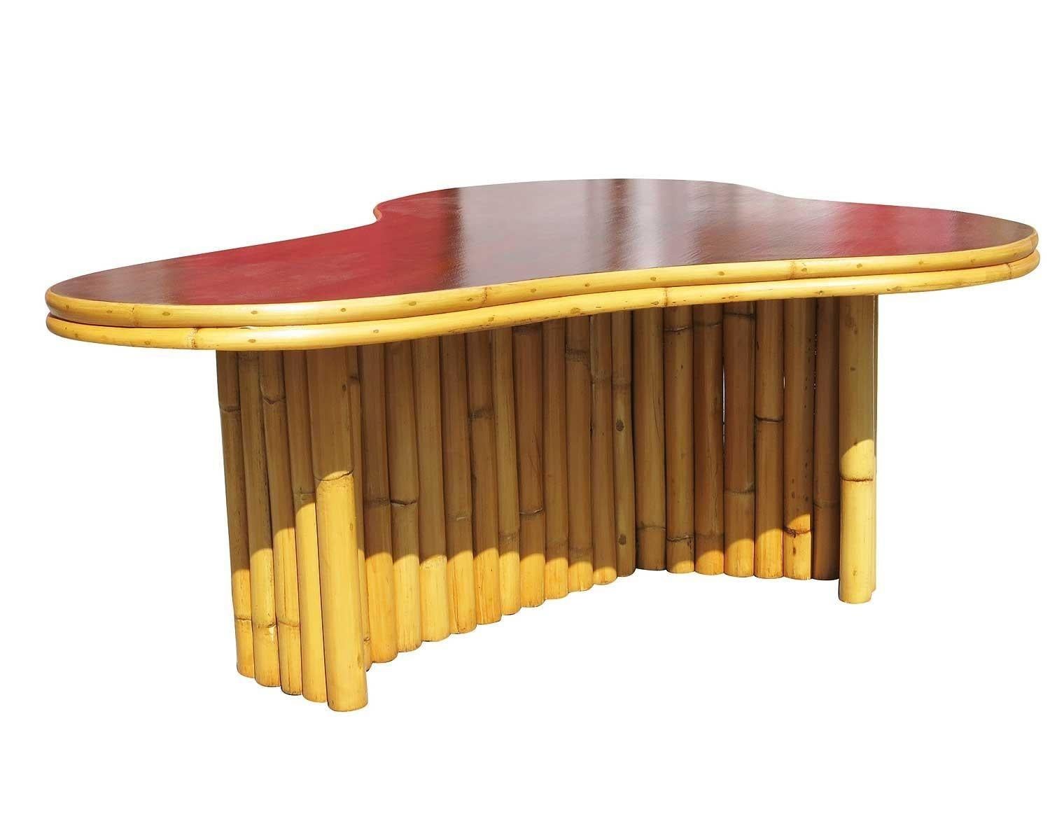 Restored Vintage Biomorphic Amoeba Rattan & Mahogany Coffee Table For Sale 1