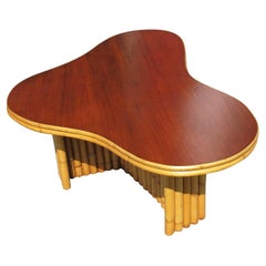 Restored Vintage Biomorphic Amoeba Rattan & Mahogany Coffee Table