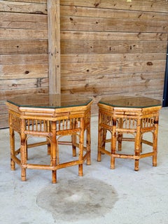 Restored Vintage Brighton Pavilion Style Bamboo Octagonal Cane Side Tables