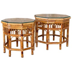 Restored Vintage Brighton Pavilion Style Bamboo Octagonal Cane Side Tables