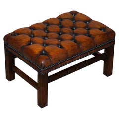 Restored Vintage Chesterfield Cigar Brown Leather Hand Dyed Footstool Bench