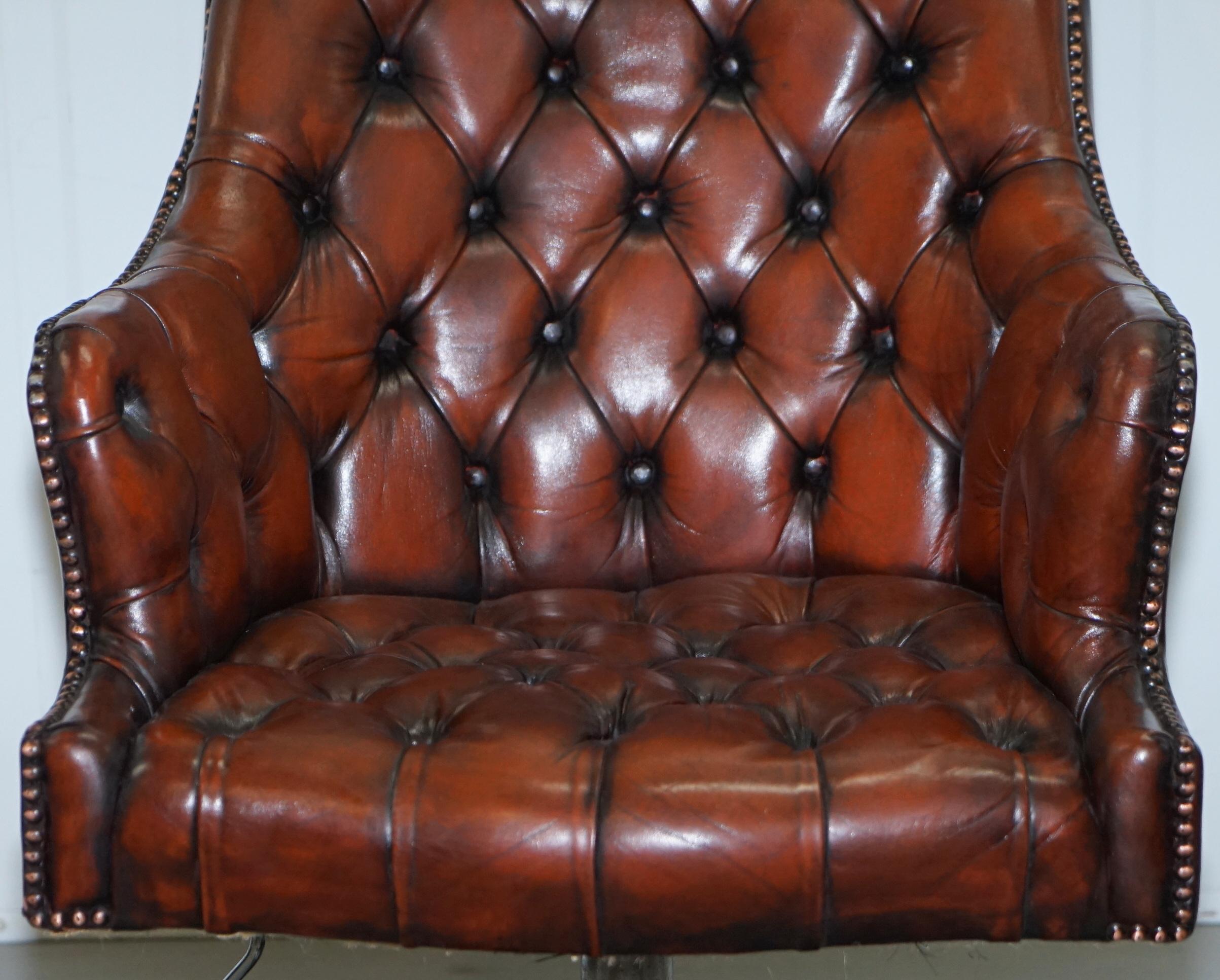 Restored Vintage Chesterfield High Back Brown Leather Directors Captains Chair 1