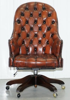 Restored Vintage Chesterfield High Back Brown Leather Directors Captains Chair