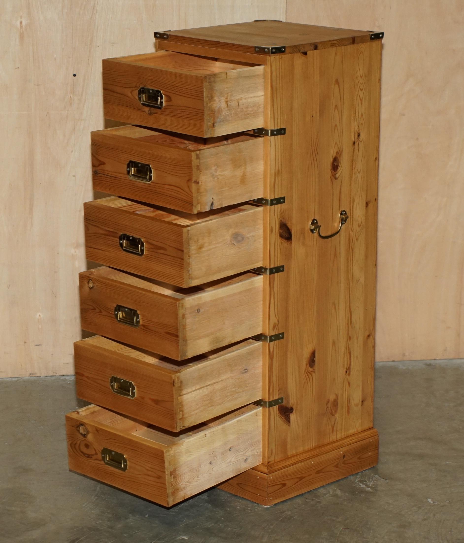RESTORED ViNTAGE ENGLISH PINE & BRASS MILITARY CAMPIGN TALLBOY CHEST OF DRAWERS For Sale 3
