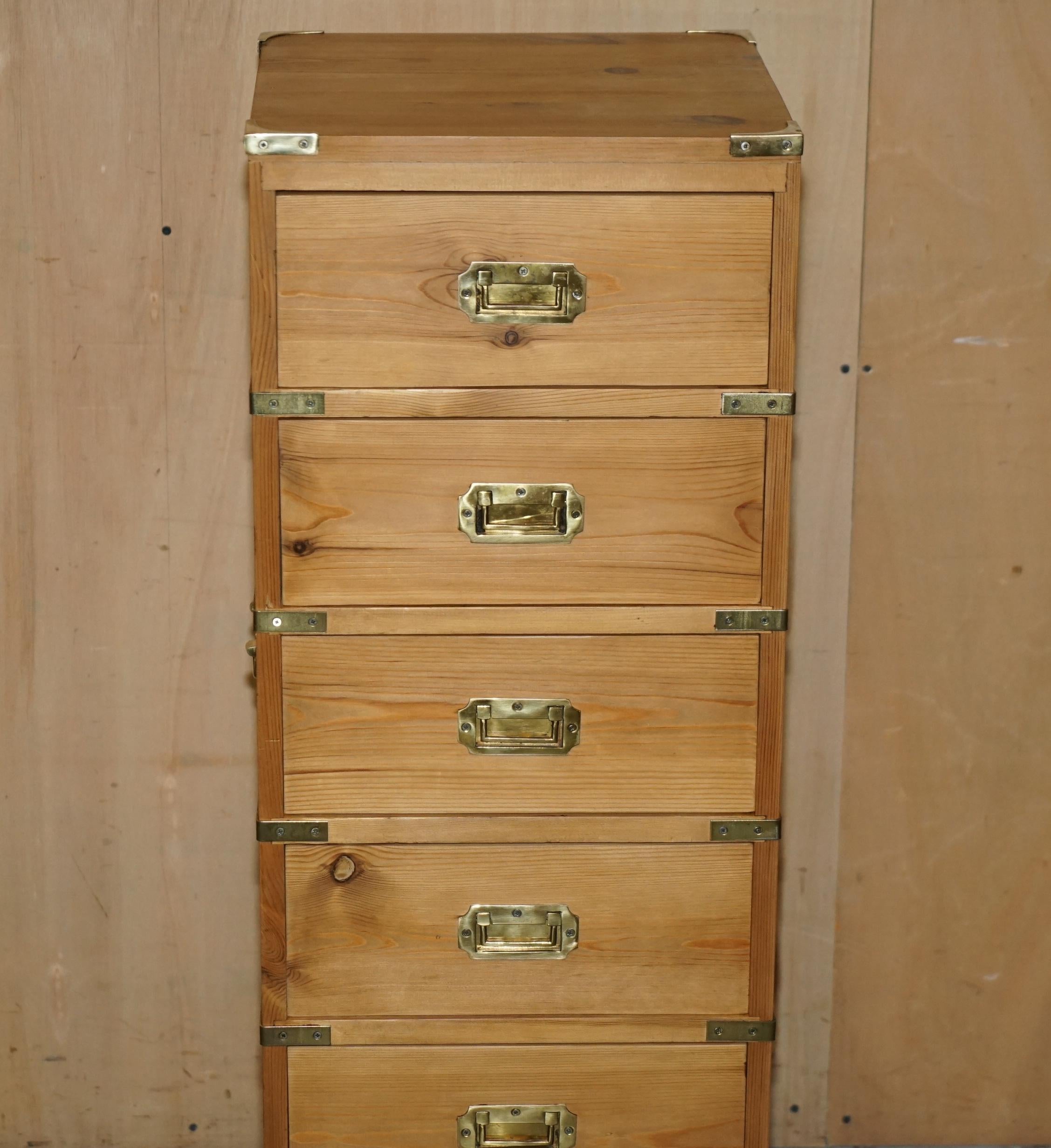 Campaign RESTORED ViNTAGE ENGLISH PINE & BRASS MILITARY CAMPIGN TALLBOY CHEST OF DRAWERS For Sale