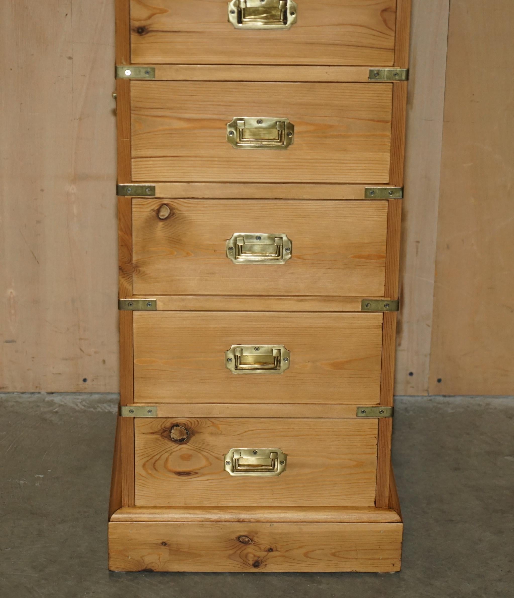 English RESTORED ViNTAGE ENGLISH PINE & BRASS MILITARY CAMPIGN TALLBOY CHEST OF DRAWERS For Sale
