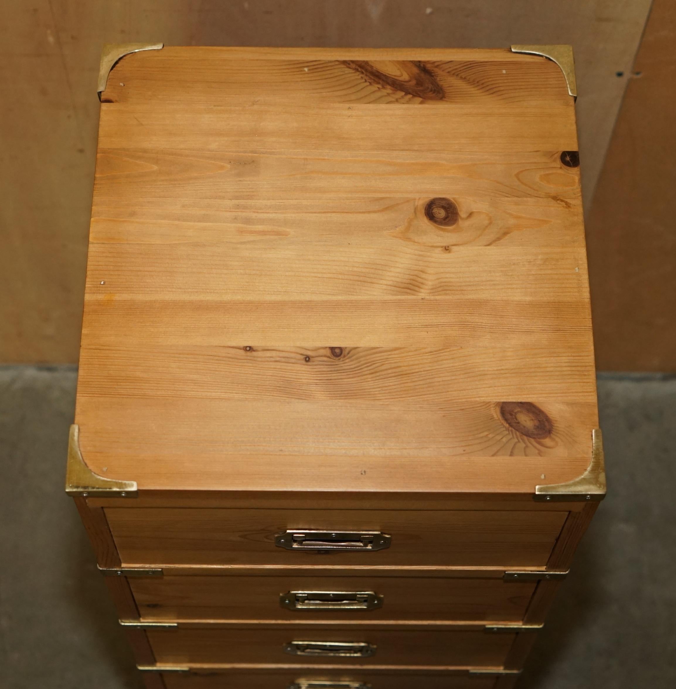 Hand-Crafted RESTORED ViNTAGE ENGLISH PINE & BRASS MILITARY CAMPIGN TALLBOY CHEST OF DRAWERS For Sale
